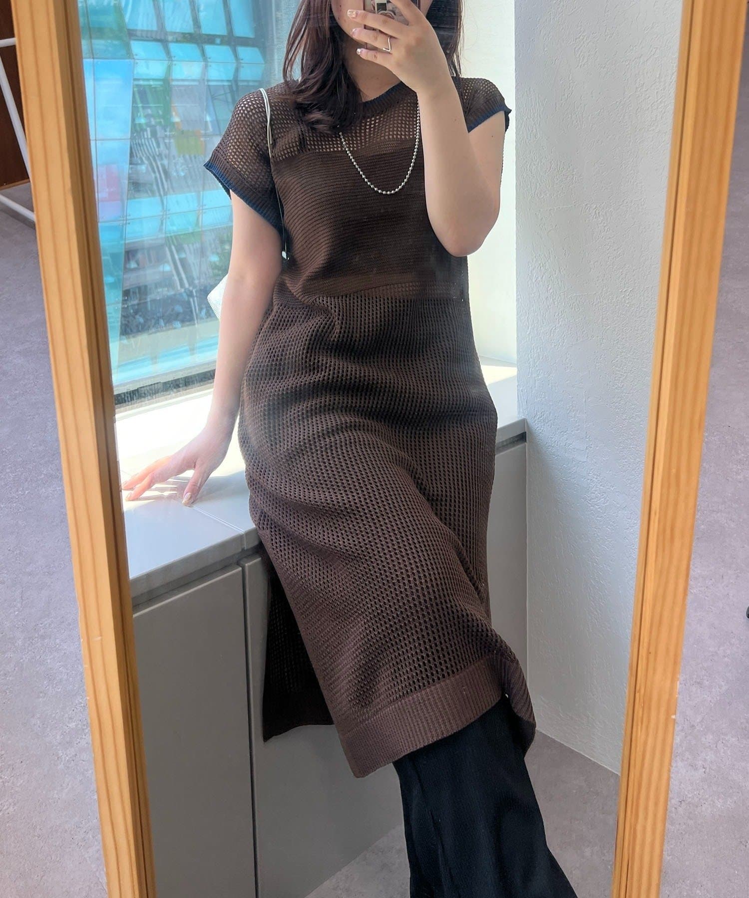 NICE CLAUP / OLIVE des OLIVE OUTLET(ナイスクラップ  / オリーブ デ オリーブ アウトレット) 【RMAF】メッシュ配色ラインワンピース