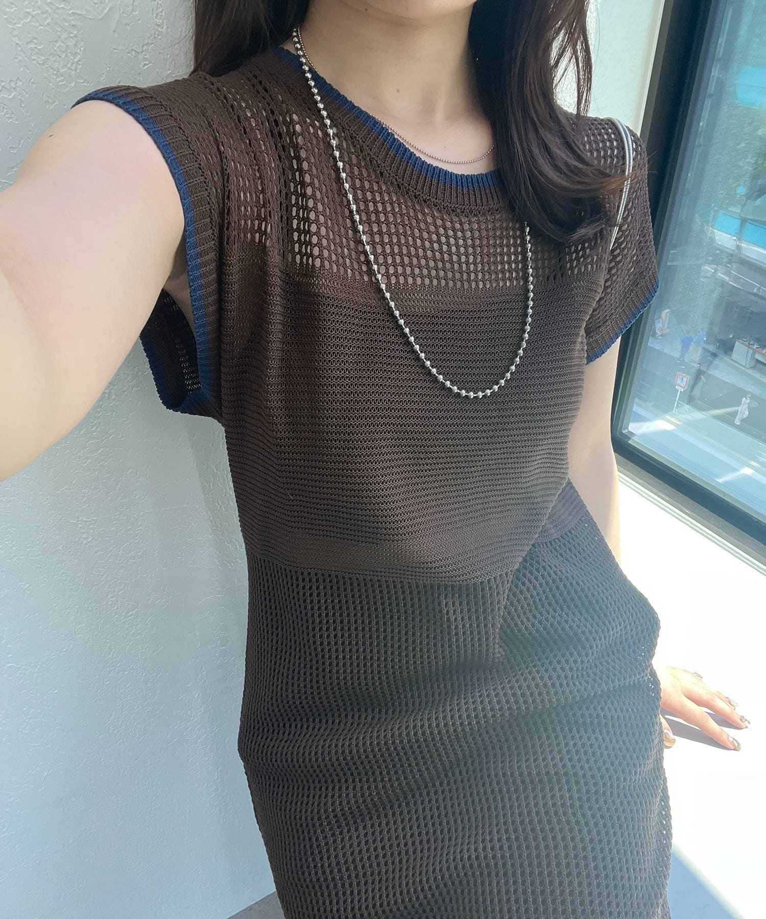 NICE CLAUP / OLIVE des OLIVE OUTLET(ナイスクラップ  / オリーブ デ オリーブ アウトレット) 【RMAF】メッシュ配色ラインワンピース
