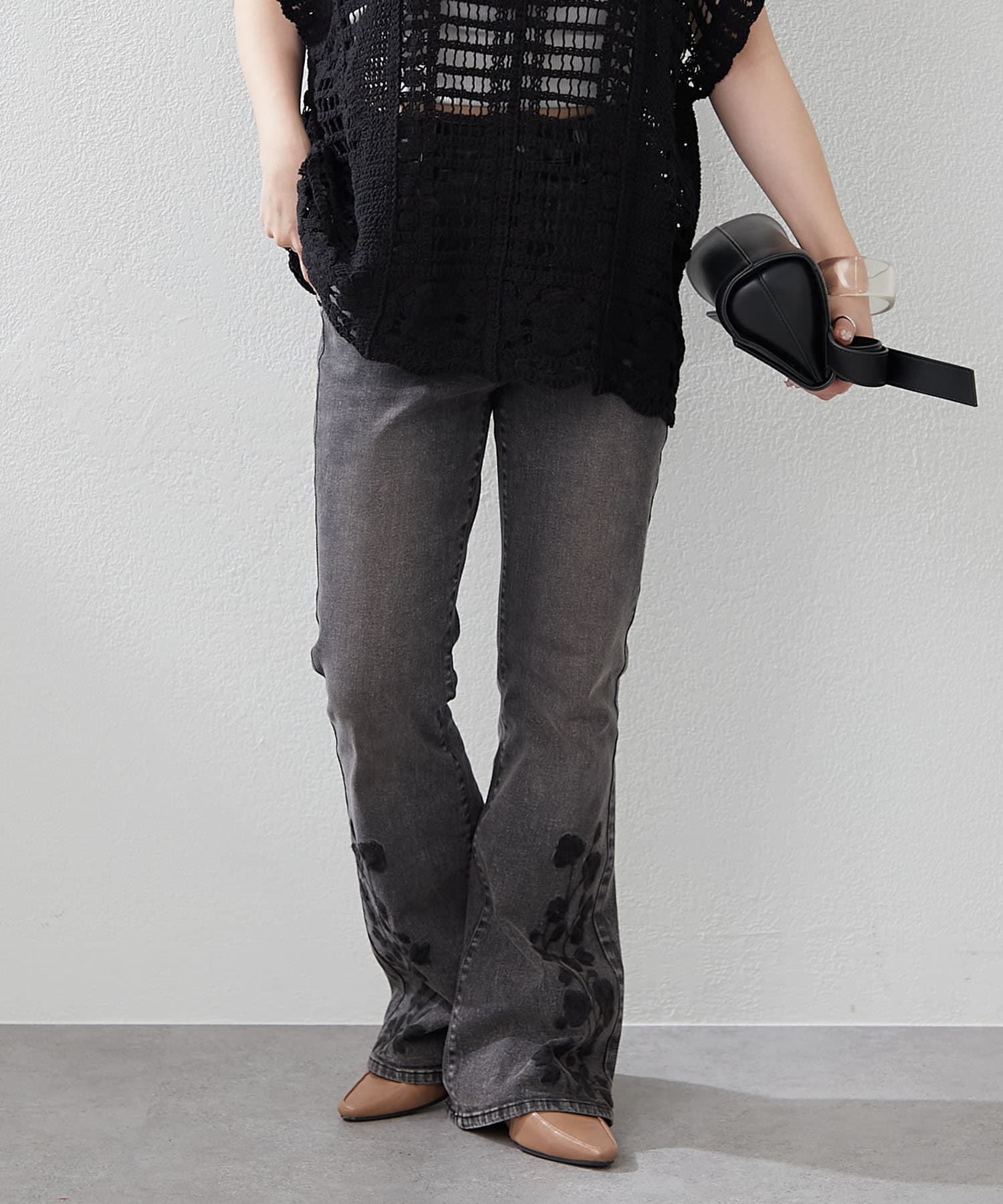 DimMoire ディムモアール 刺繍ロゴ フリンジ バックル フレアデニム M DimMoire ディムモアール 刺繍ロゴ フリンジ バックル フレア