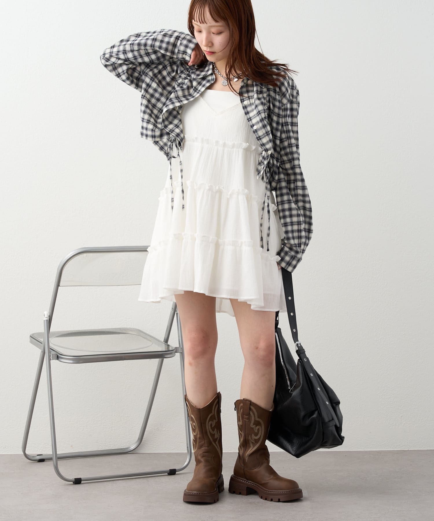 w closet(ダブルクローゼット) 【3色展開】ドロストチェックショートシャツ
