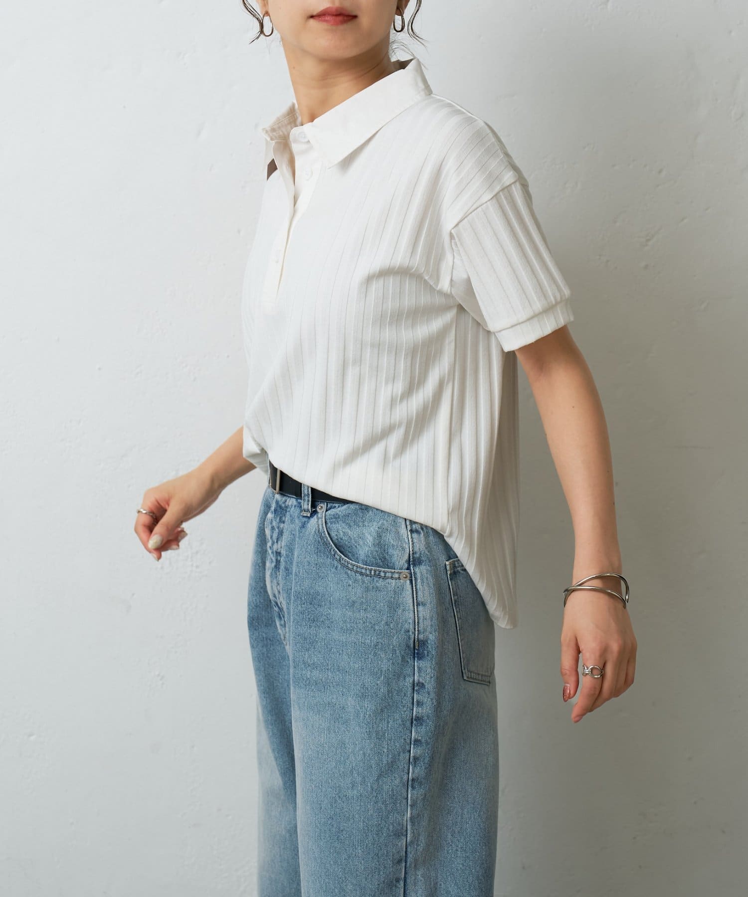 トップス ri BROAD STRIPE C R-FRONT ZIP SHIRT(XS Right Blue): Vintage 1.1