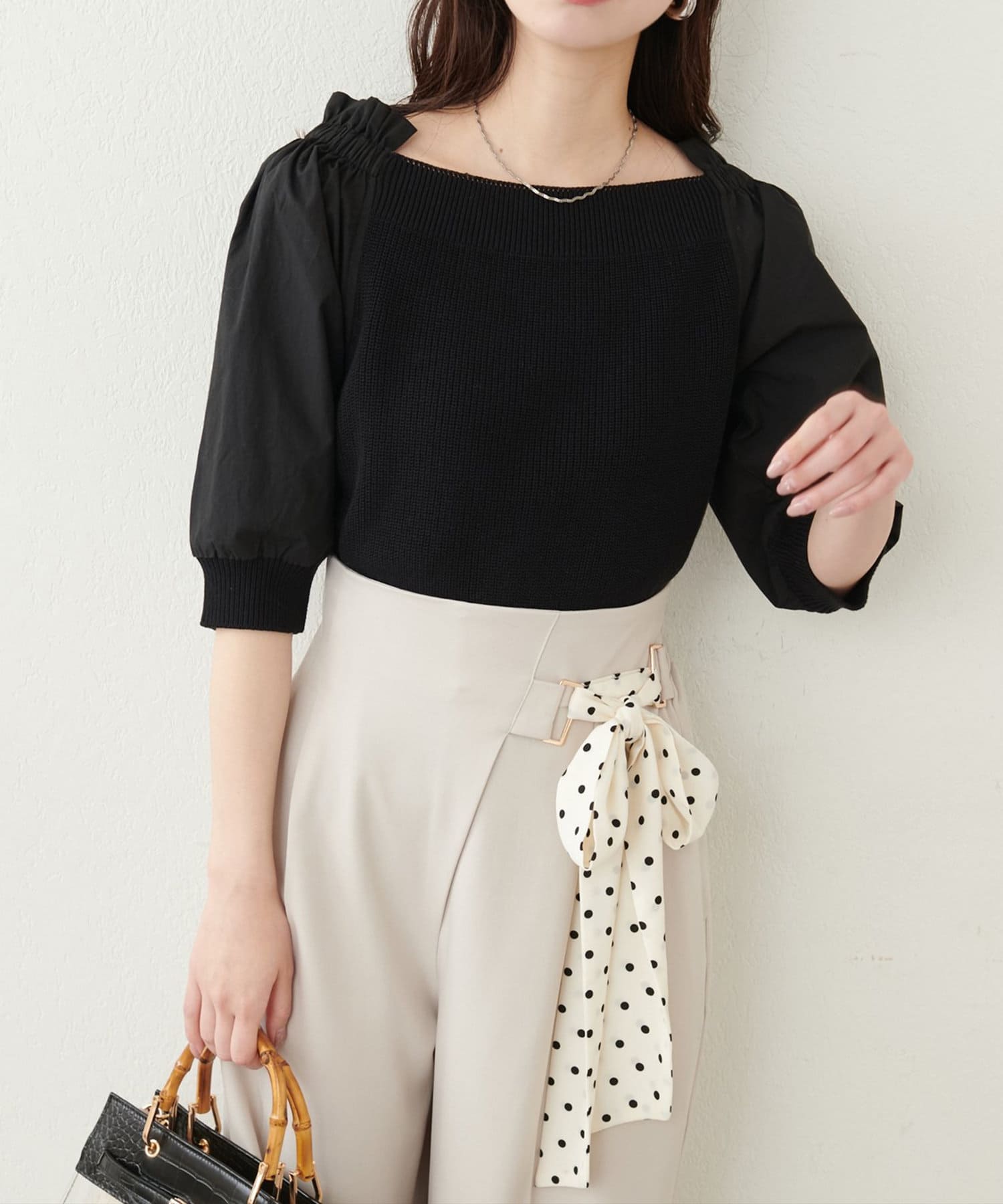 NICE CLAUP / OLIVE des OLIVE OUTLET(ナイスクラップ  / オリーブ デ オリーブ アウトレット) 【natural couture】２WAY布帛ドッキングニットプルオーバー