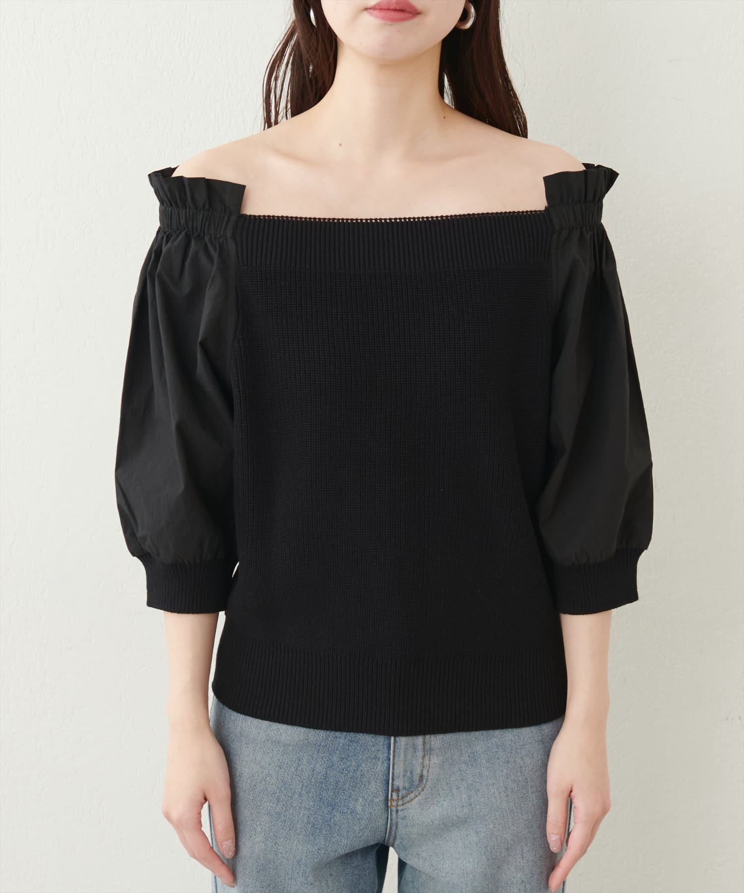 NICE CLAUP / OLIVE des OLIVE OUTLET(ナイスクラップ  / オリーブ デ オリーブ アウトレット) 【natural couture】２WAY布帛ドッキングニットプルオーバー