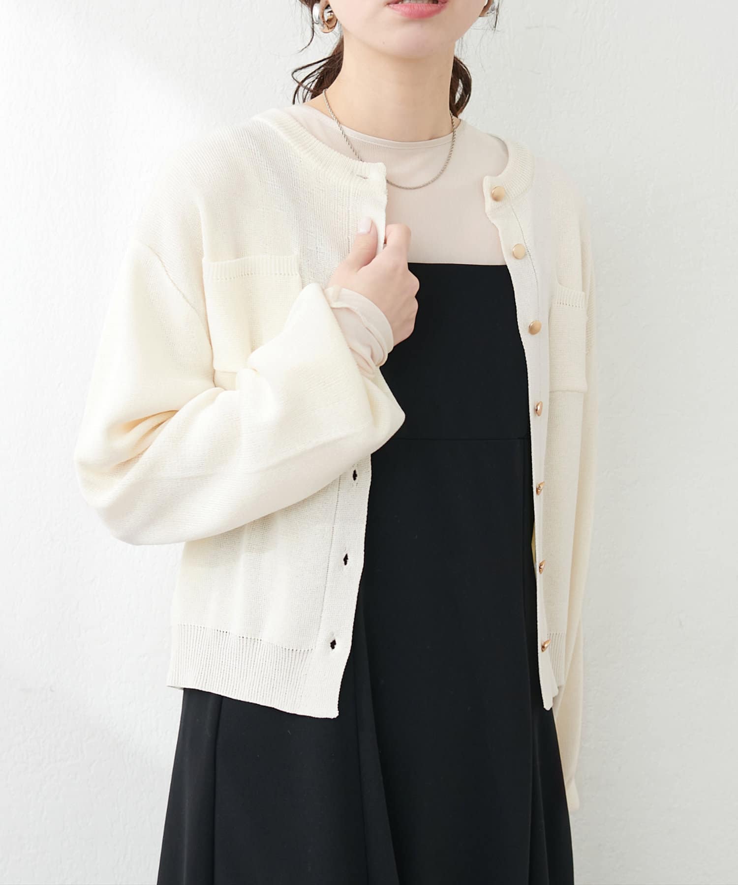 NICE CLAUP / OLIVE des OLIVE OUTLET(ナイスクラップ  / オリーブ デ オリーブ アウトレット) 【natural couture】ポケット付きクルーネックカーデ