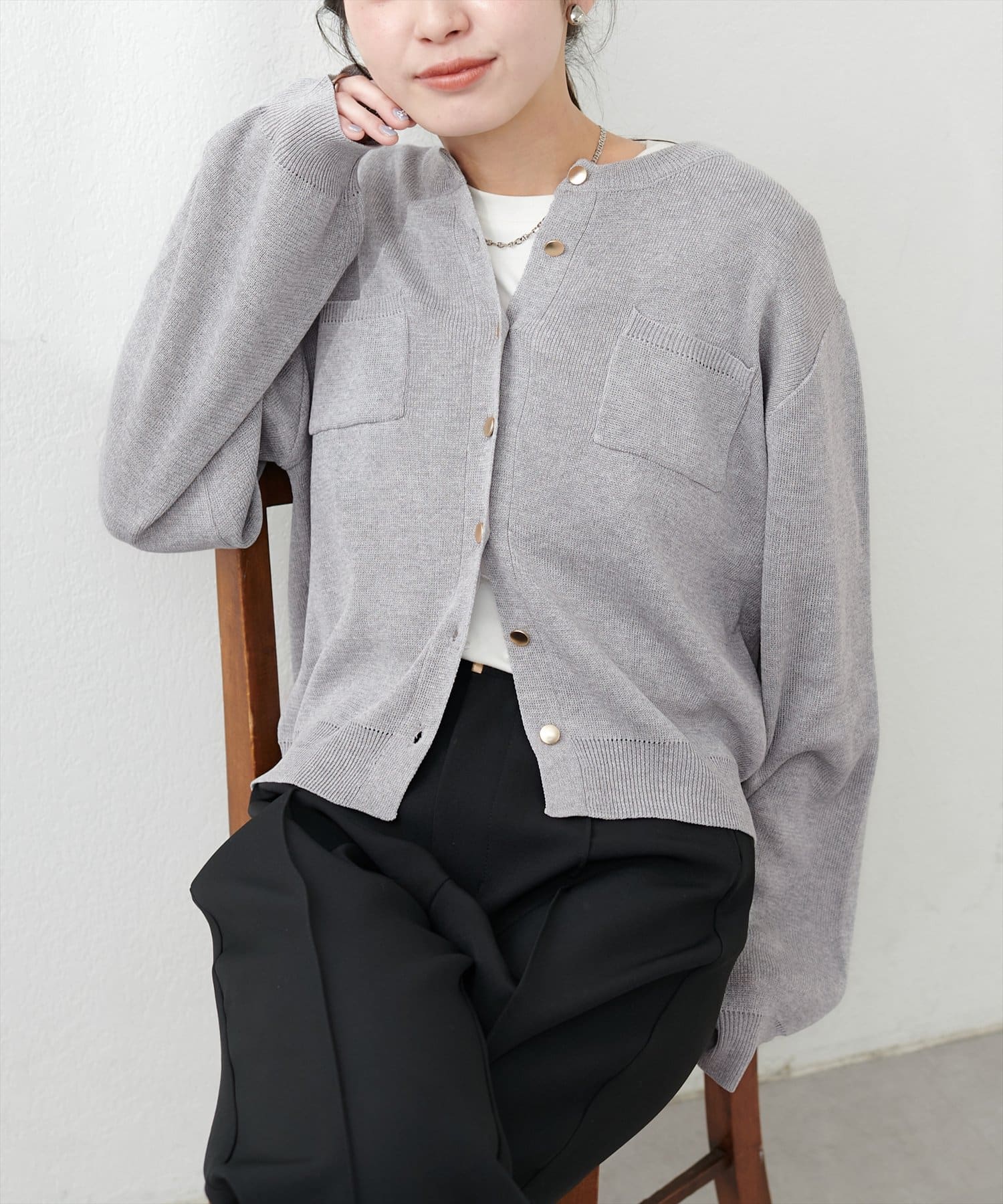 NICE CLAUP / OLIVE des OLIVE OUTLET(ナイスクラップ  / オリーブ デ オリーブ アウトレット) 【natural couture】ポケット付きクルーネックカーデ