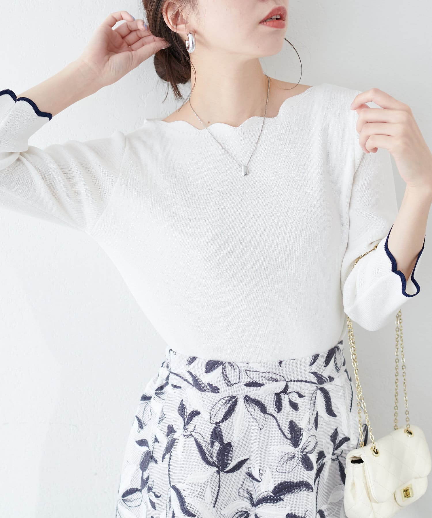 NICE CLAUP / OLIVE des OLIVE OUTLET(ナイスクラップ  / オリーブ デ オリーブ アウトレット) 【natural couture】配色スカラップ強撚ニット（7部袖）