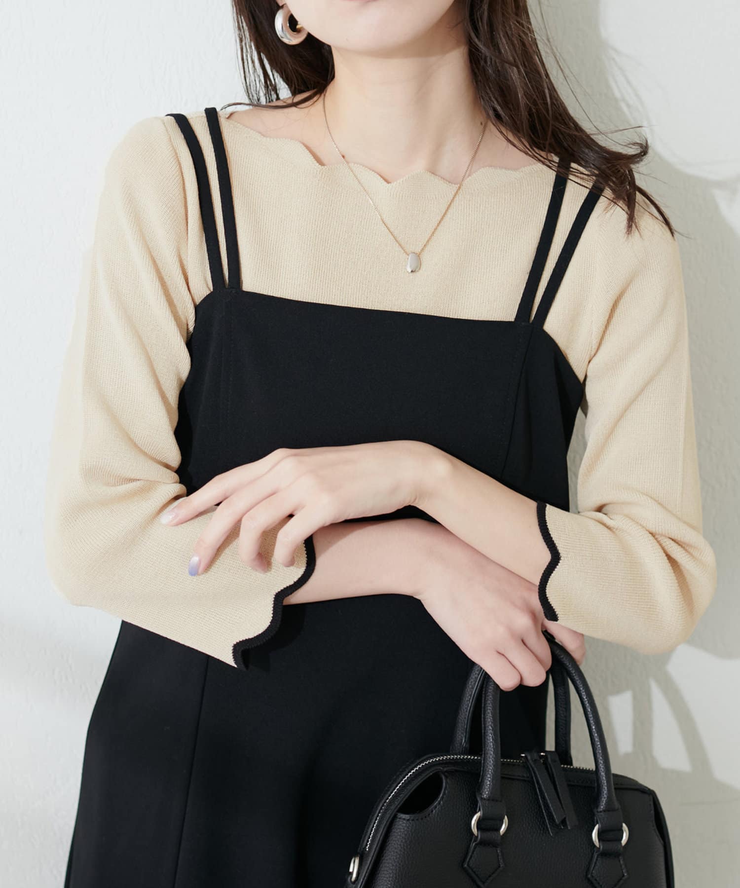NICE CLAUP / OLIVE des OLIVE OUTLET(ナイスクラップ  / オリーブ デ オリーブ アウトレット) 【natural couture】配色スカラップ強撚ニット（7部袖）