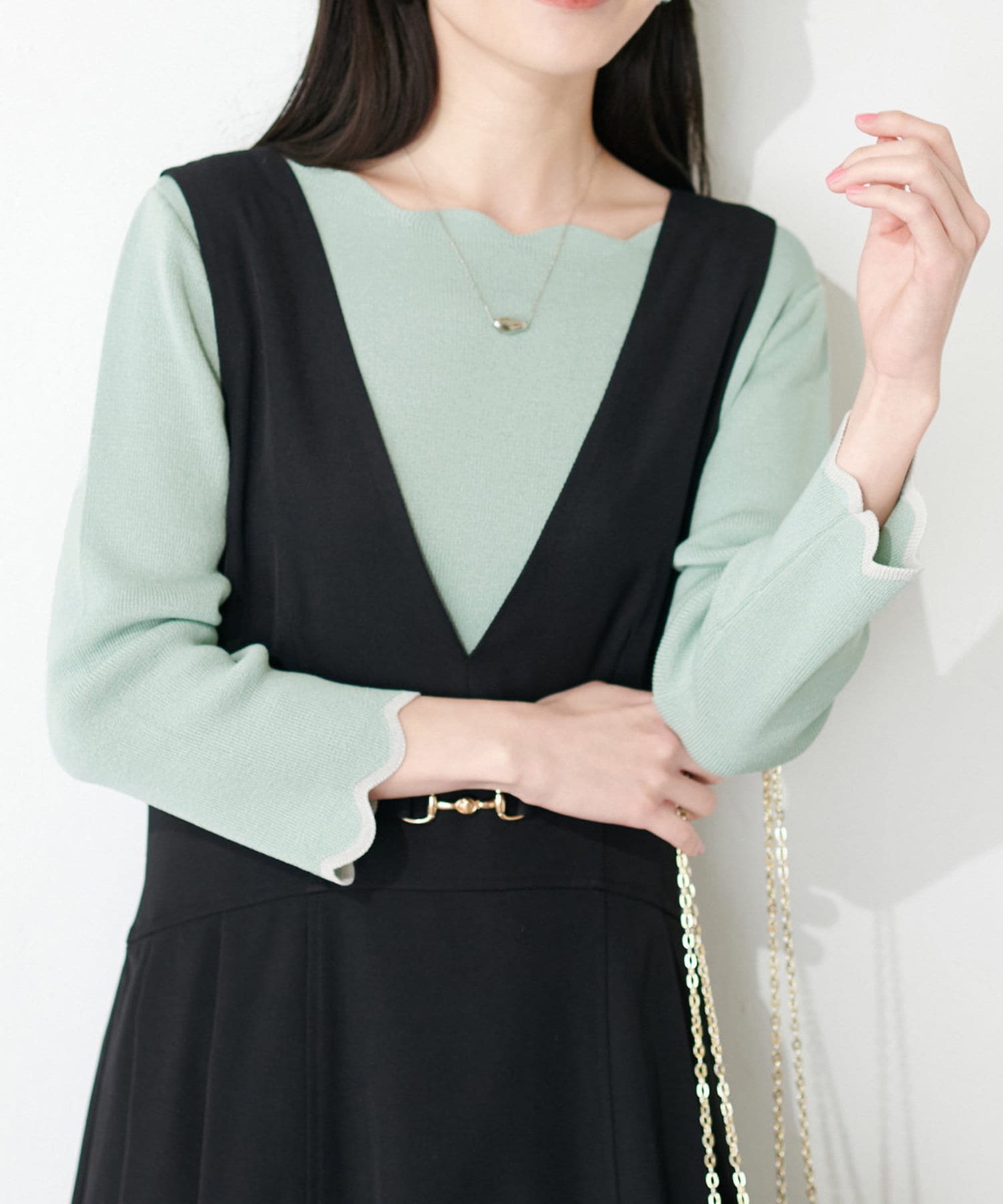 NICE CLAUP / OLIVE des OLIVE OUTLET(ナイスクラップ  / オリーブ デ オリーブ アウトレット) 【natural couture】配色スカラップ強撚ニット（7部袖）