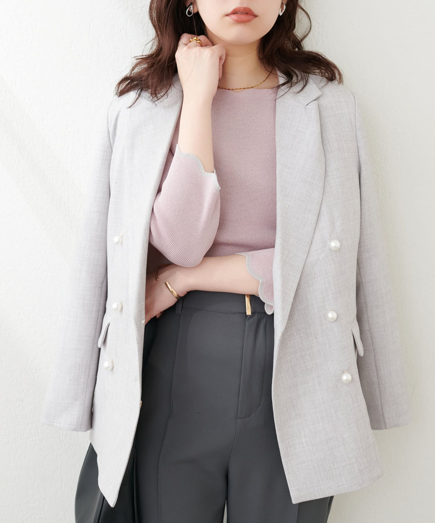 NICE CLAUP / OLIVE des OLIVE OUTLET(ナイスクラップ  / オリーブ デ オリーブ アウトレット) 【natural couture】配色スカラップ強撚ニット（7部袖）
