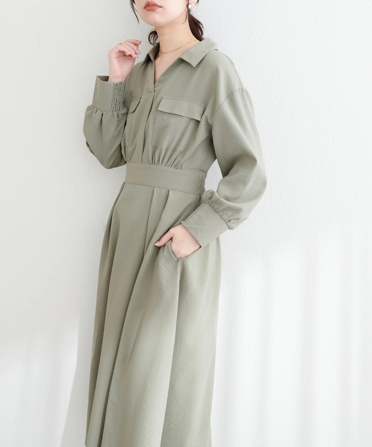 NICE CLAUP / OLIVE des OLIVE OUTLET(ナイスクラップ  / オリーブ デ オリーブ アウトレット) 【natural couture】ミニタリースキッパー衿ワンピース