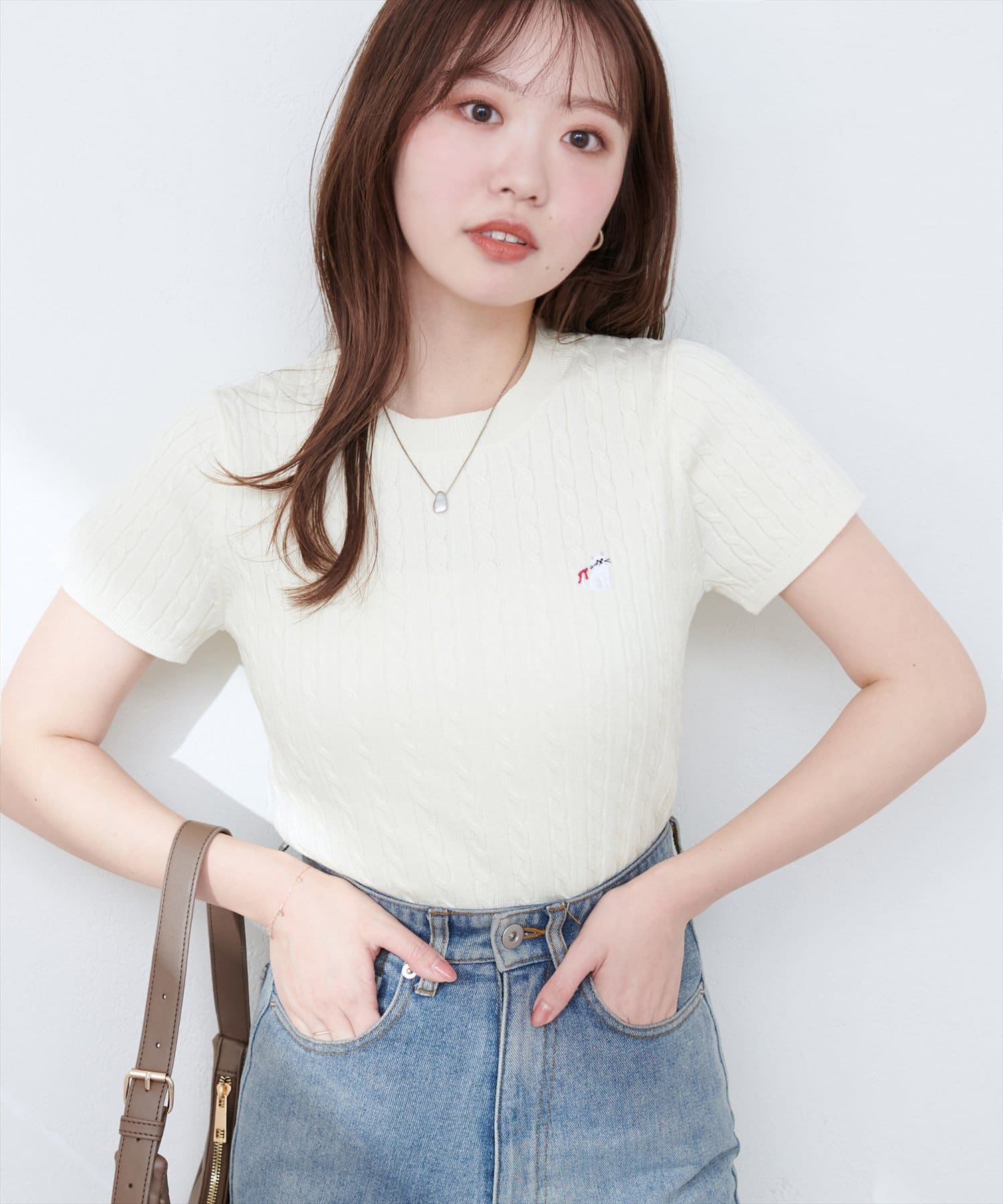 アニマル刺繍ケーブル半袖ニット | natural couture(ナチュラル