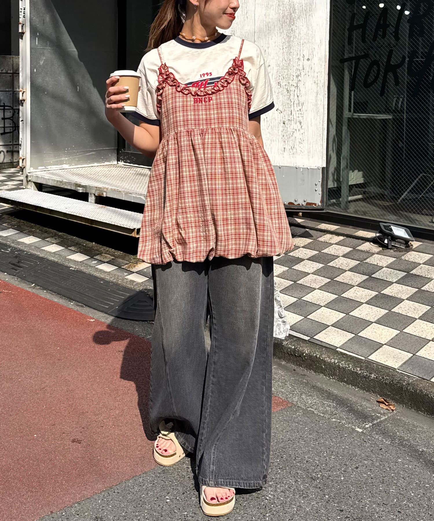 CIAOPANIC(チャオパニック) フリルチェックバルーンキャミビスチェ