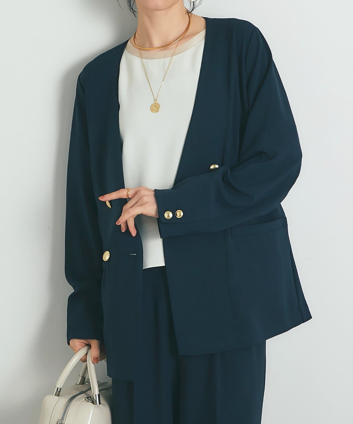 un dix cors(アンディコール) 《接触冷感・速乾・セットアップ可》ハイストレッチカルゼワッシャー金釦ジャケット