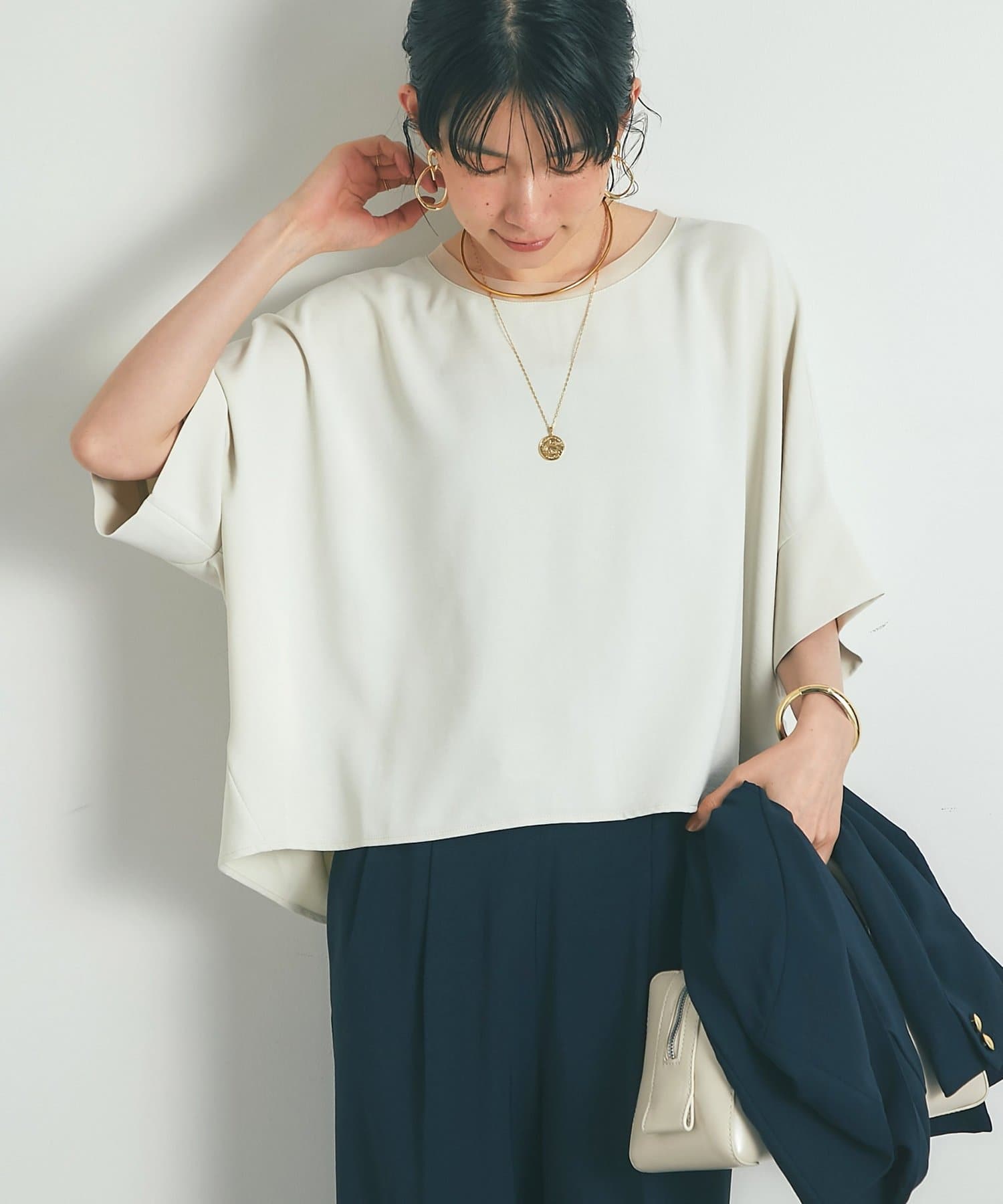 un dix cors(アンディコール) 《接触冷感・速乾・セットアップ可》ハイストレッチカルゼワッシャーコクーンブラウス
