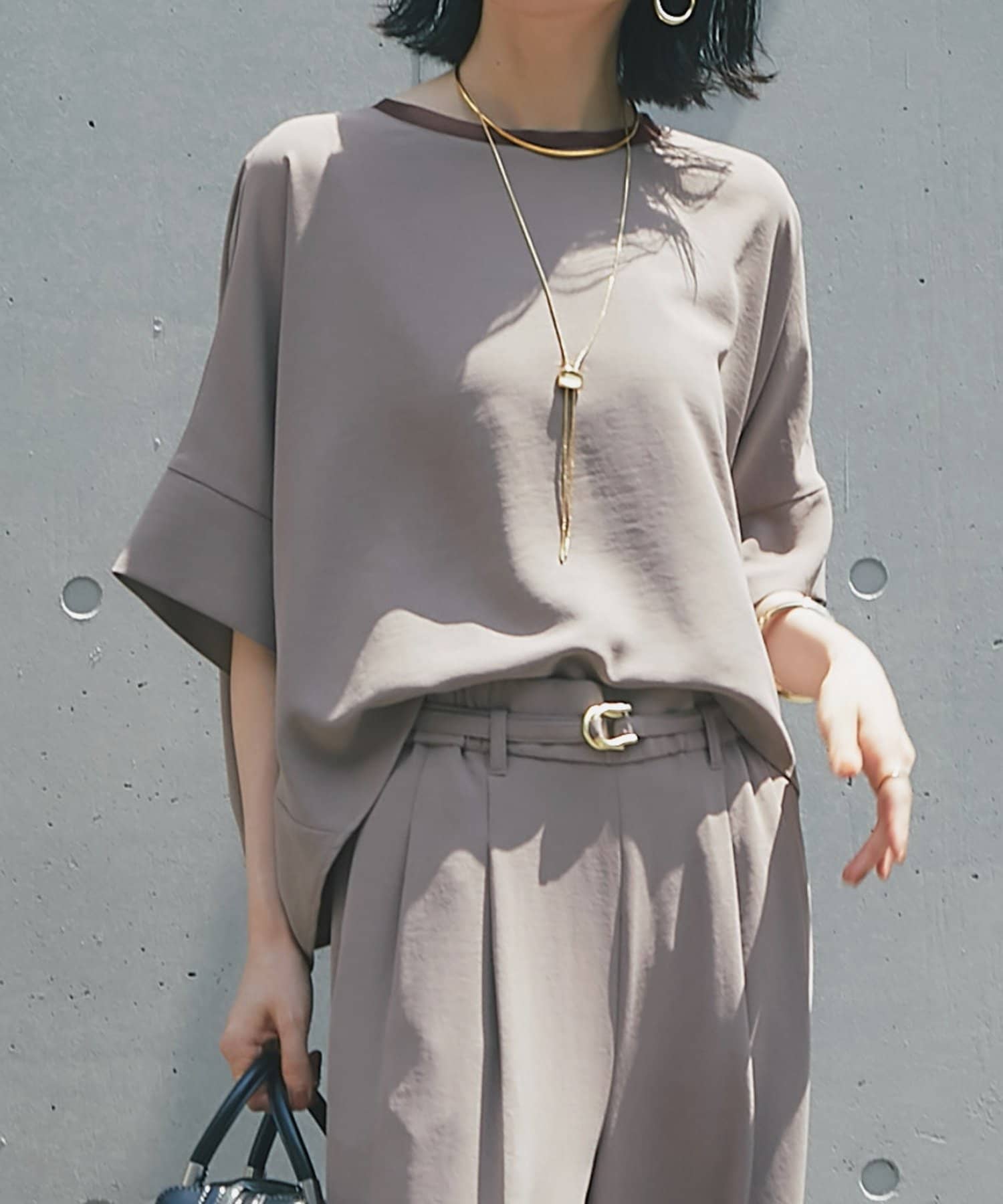 un dix cors(アンディコール) 《接触冷感・速乾・セットアップ可》ハイストレッチカルゼワッシャーコクーンブラウス