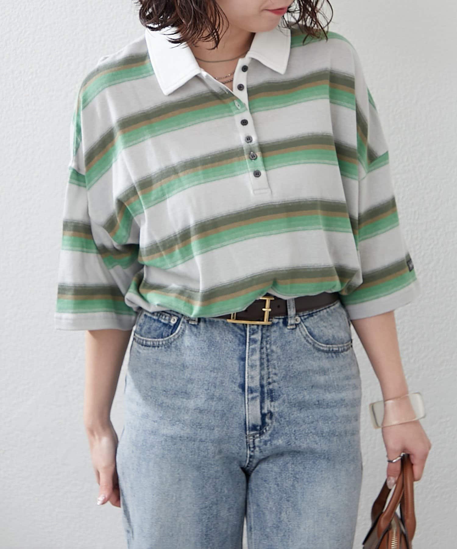 NICE CLAUP / OLIVE des OLIVE OUTLET(ナイスクラップ  / オリーブ デ オリーブ アウトレット) 【NUNIFE】マルチボーダーポロトップス　ユニセックス