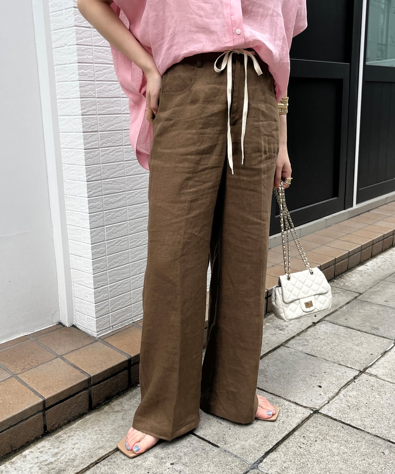 DOUDOU(ドゥドゥ) リネン紐ドロストパンツ