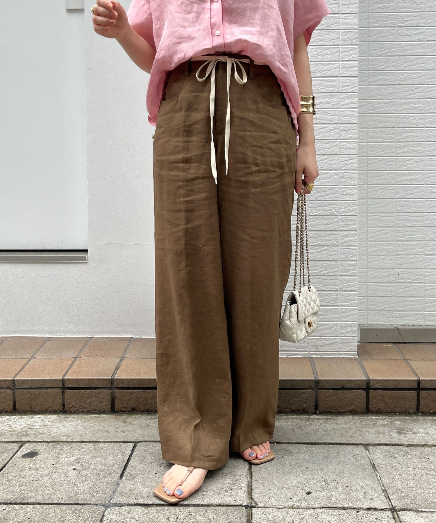 DOUDOU(ドゥドゥ) リネン紐ドロストパンツ
