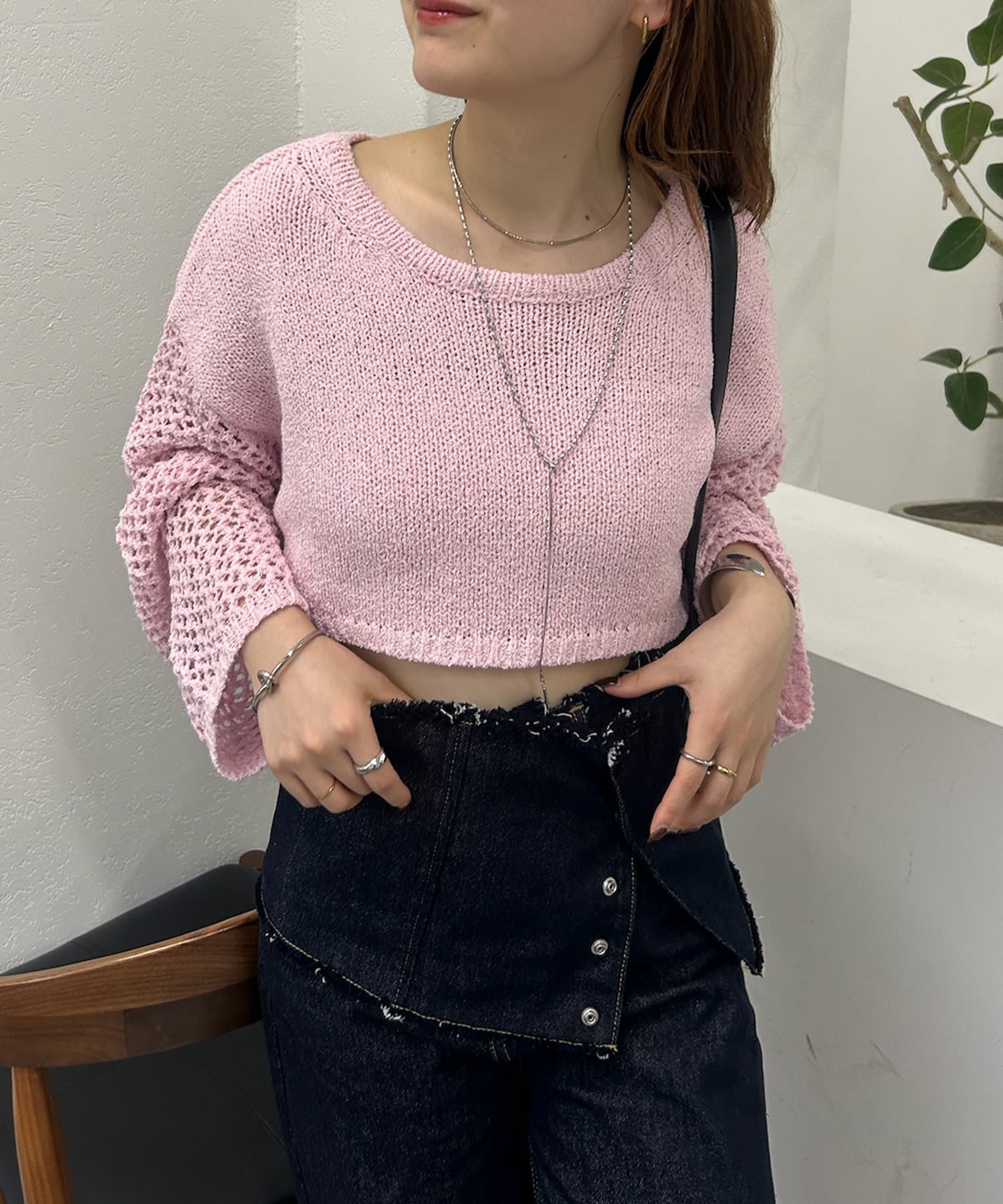 OUTLET(アウトレット) 【mystic】メッシュスリーブショートニット