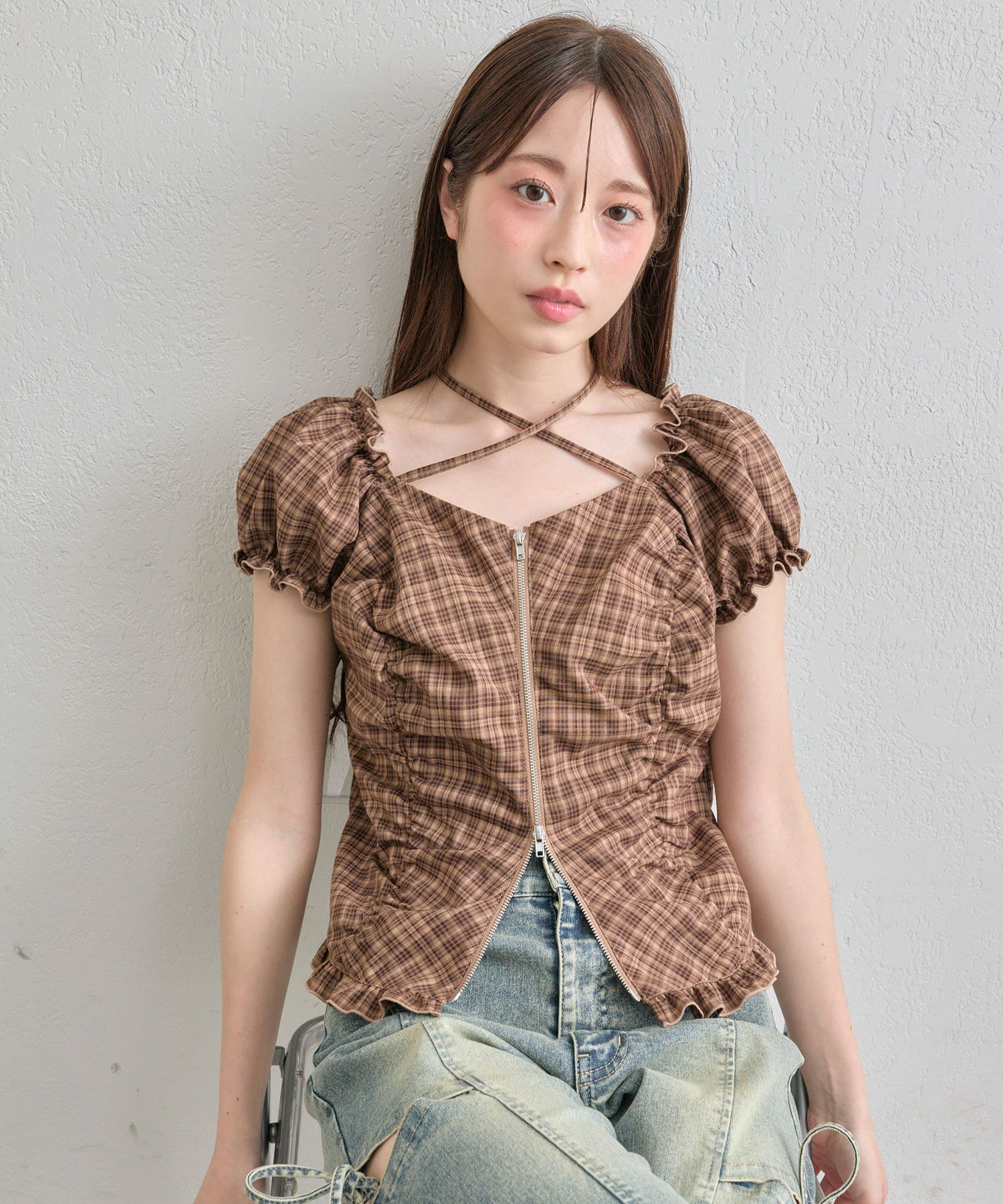 OLIVE des OLIVE(オリーブ デ オリーブ) 【デコルテ綺麗見え】ダブルジップオフショルブラウス