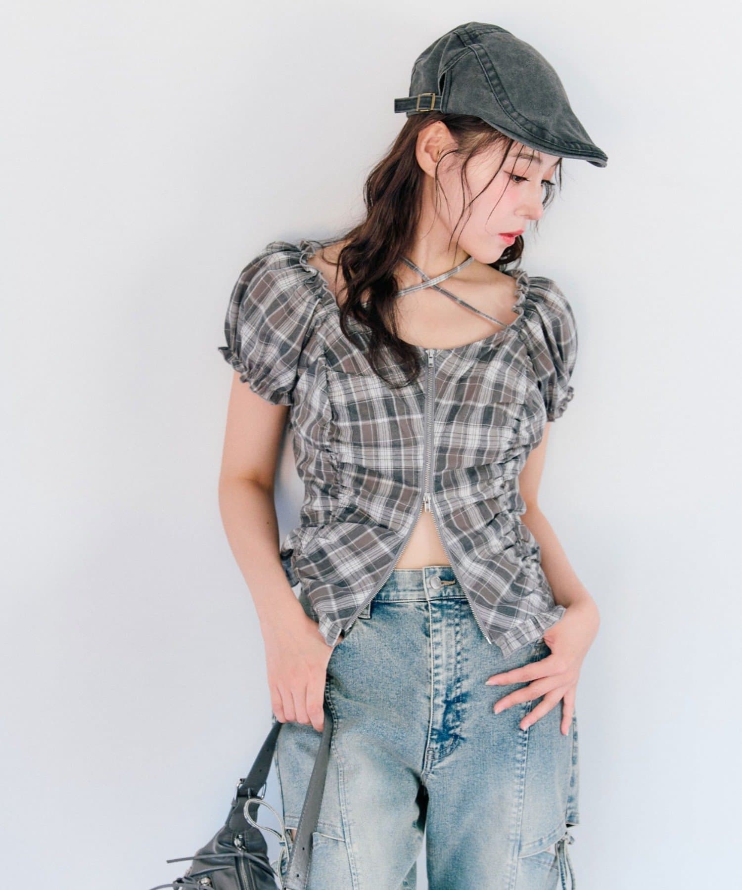 OLIVE des OLIVE(オリーブ デ オリーブ) 【デコルテ綺麗見え】ダブルジップオフショルブラウス