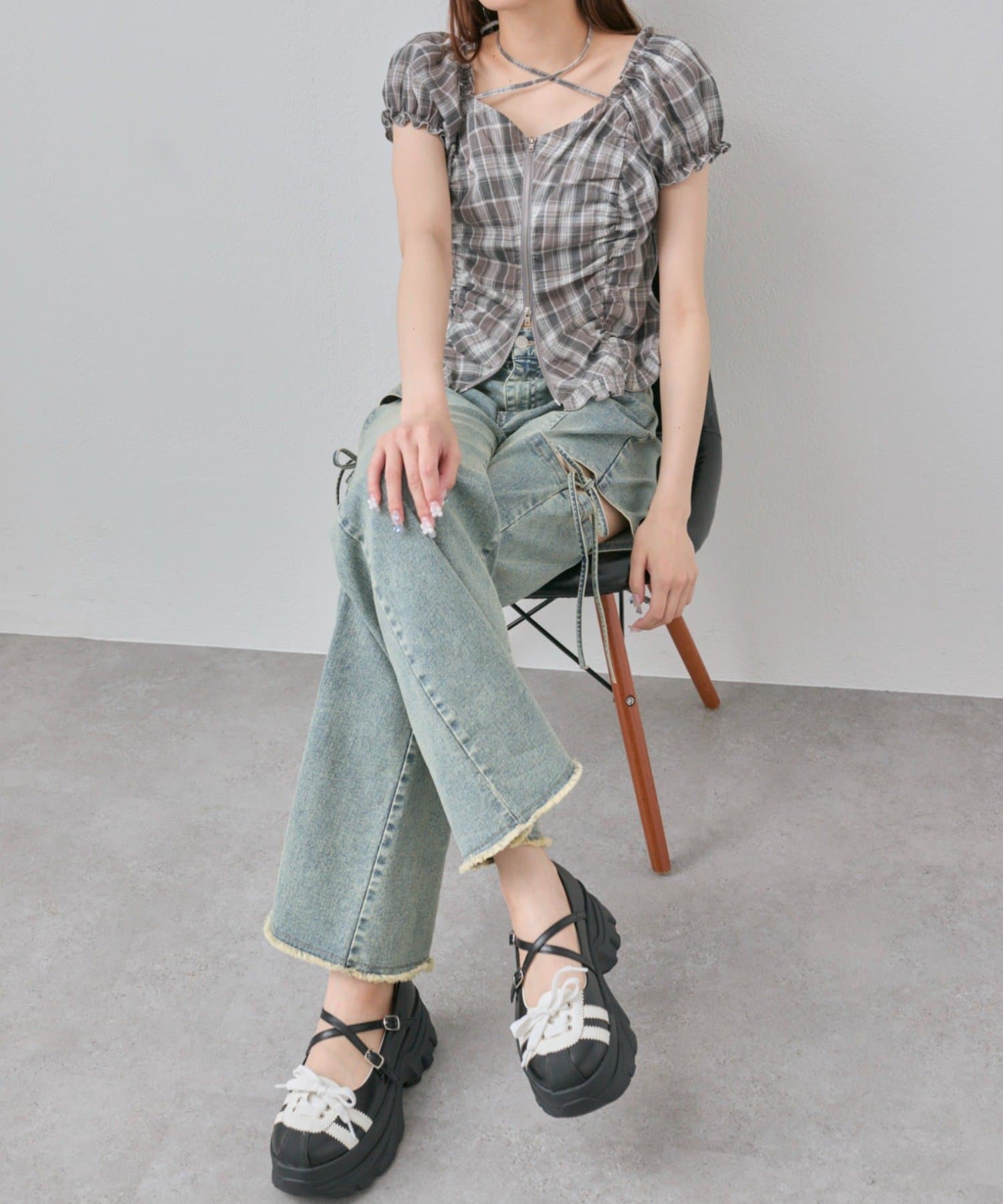 OLIVE des OLIVE(オリーブ デ オリーブ) 【デコルテ綺麗見え】ダブルジップオフショルブラウス