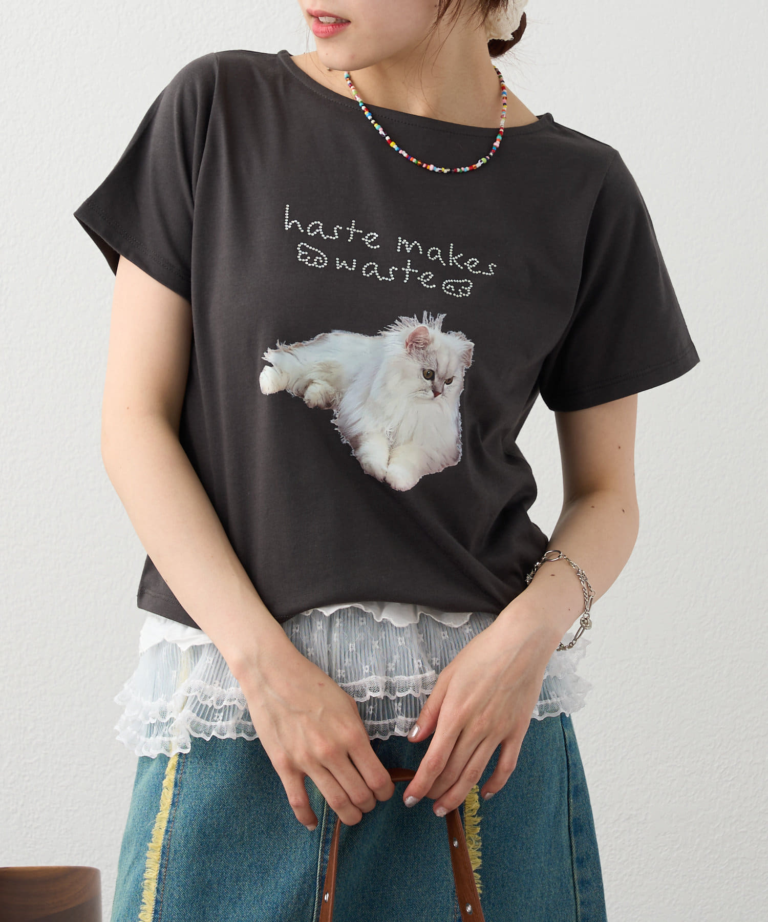 w closet(ダブルクローゼット) 【スタッフ人気♡】ラインストーンキャットロゴTee