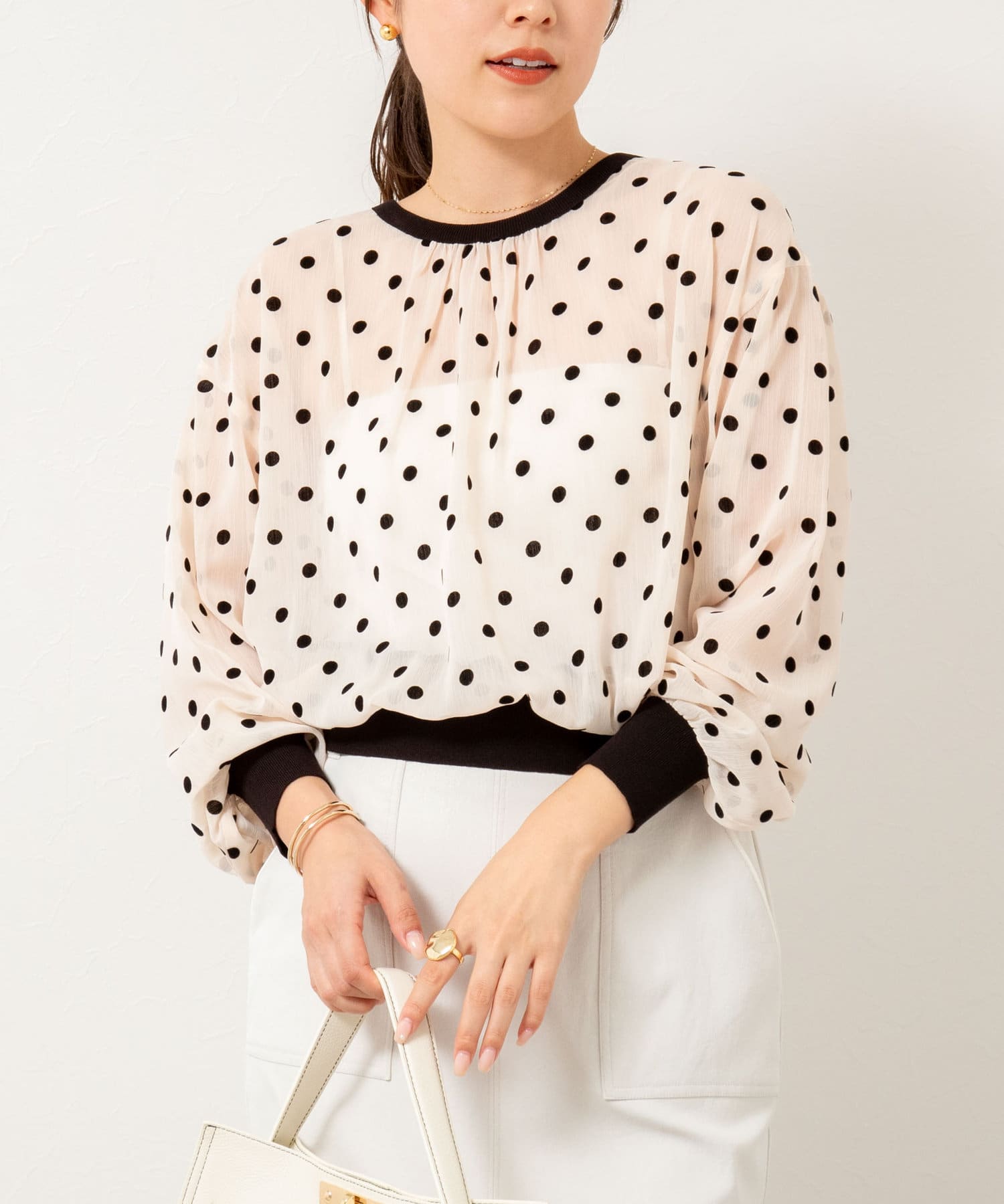 超安い品質 シアーフロッキードットクルーネックカーディガン NOLLEY'S | トップス
