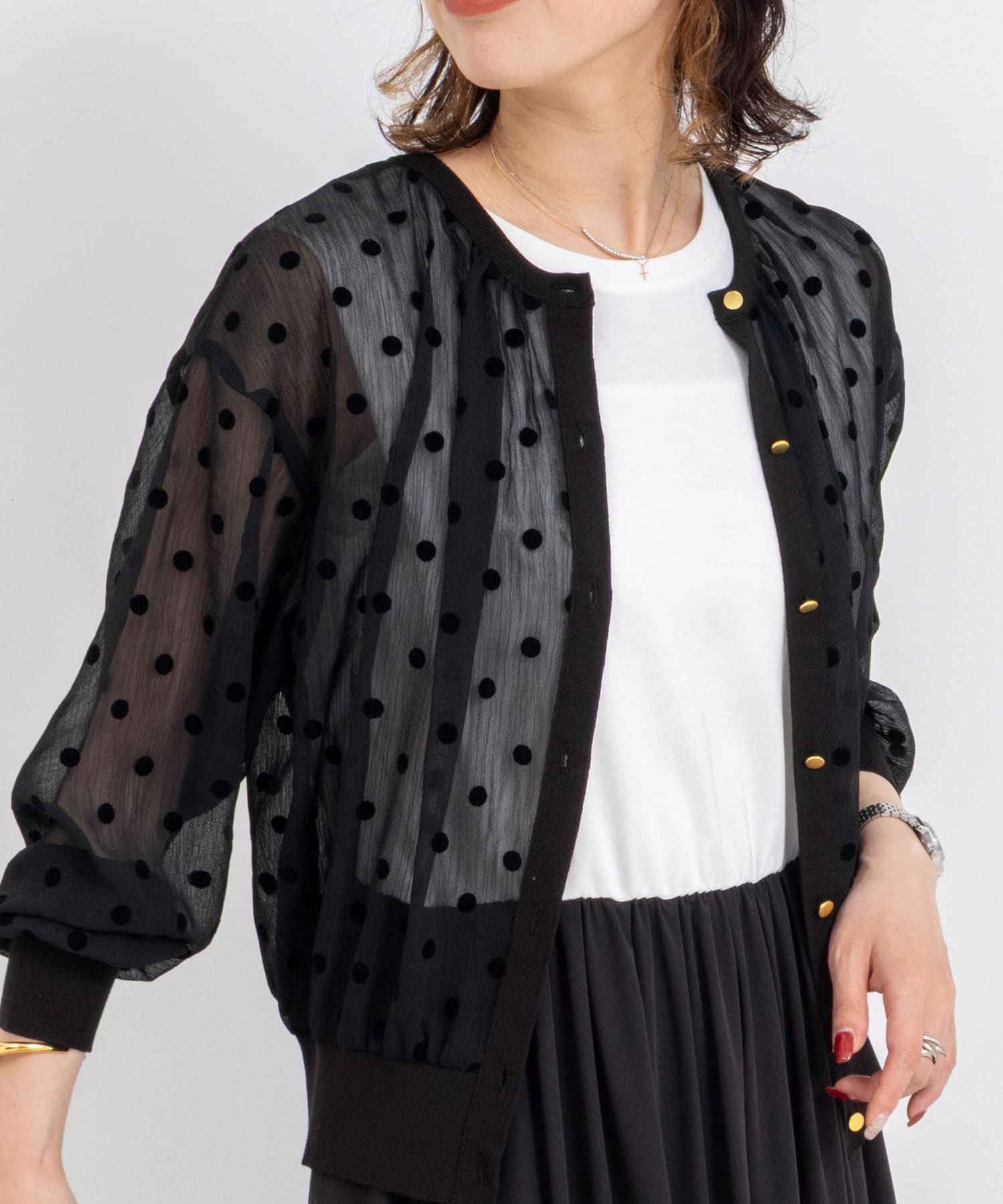 NOLLEY'S(ノーリーズ) シアーフロッキードットクルーネックカーディガン