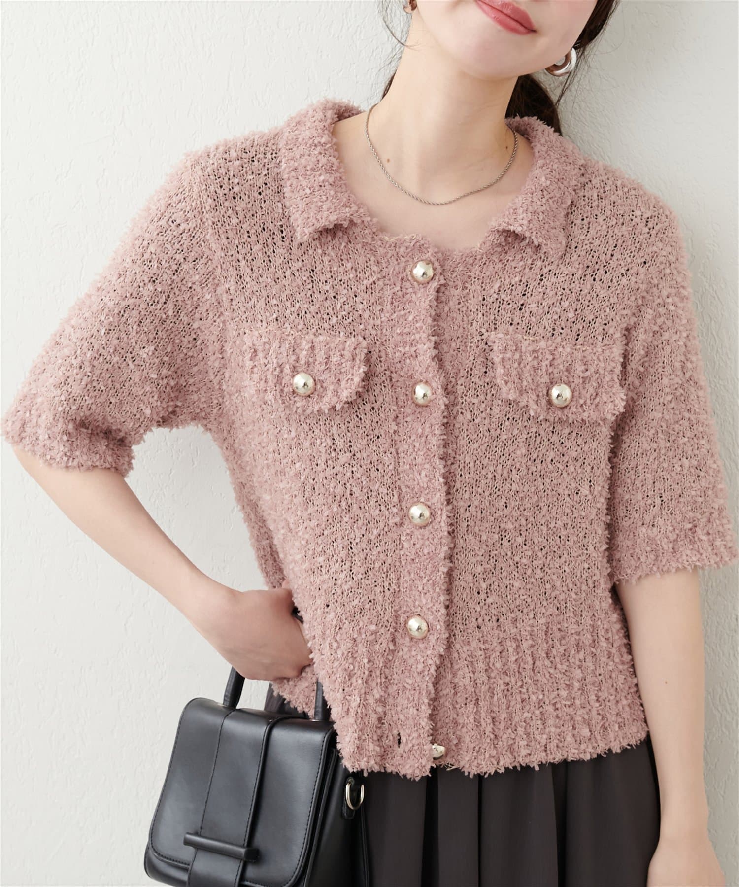 NICE CLAUP / OLIVE des OLIVE OUTLET(ナイスクラップ  / オリーブ デ オリーブ アウトレット) 【natural couture】フラッグヤーン金ボタン半袖カーデ