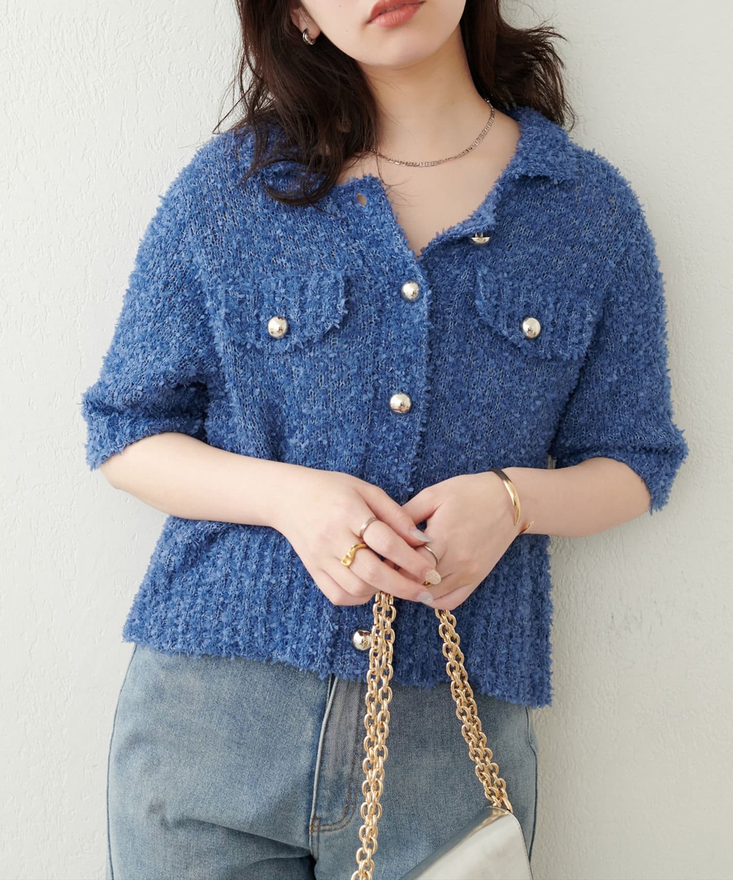 NICE CLAUP / OLIVE des OLIVE OUTLET(ナイスクラップ  / オリーブ デ オリーブ アウトレット) 【natural couture】フラッグヤーン金ボタン半袖カーデ