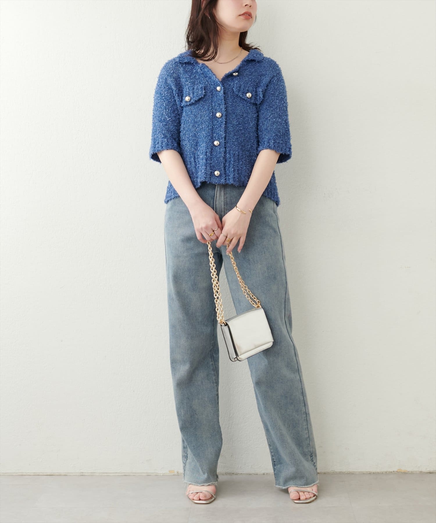 NICE CLAUP / OLIVE des OLIVE OUTLET(ナイスクラップ  / オリーブ デ オリーブ アウトレット) 【natural couture】フラッグヤーン金ボタン半袖カーデ