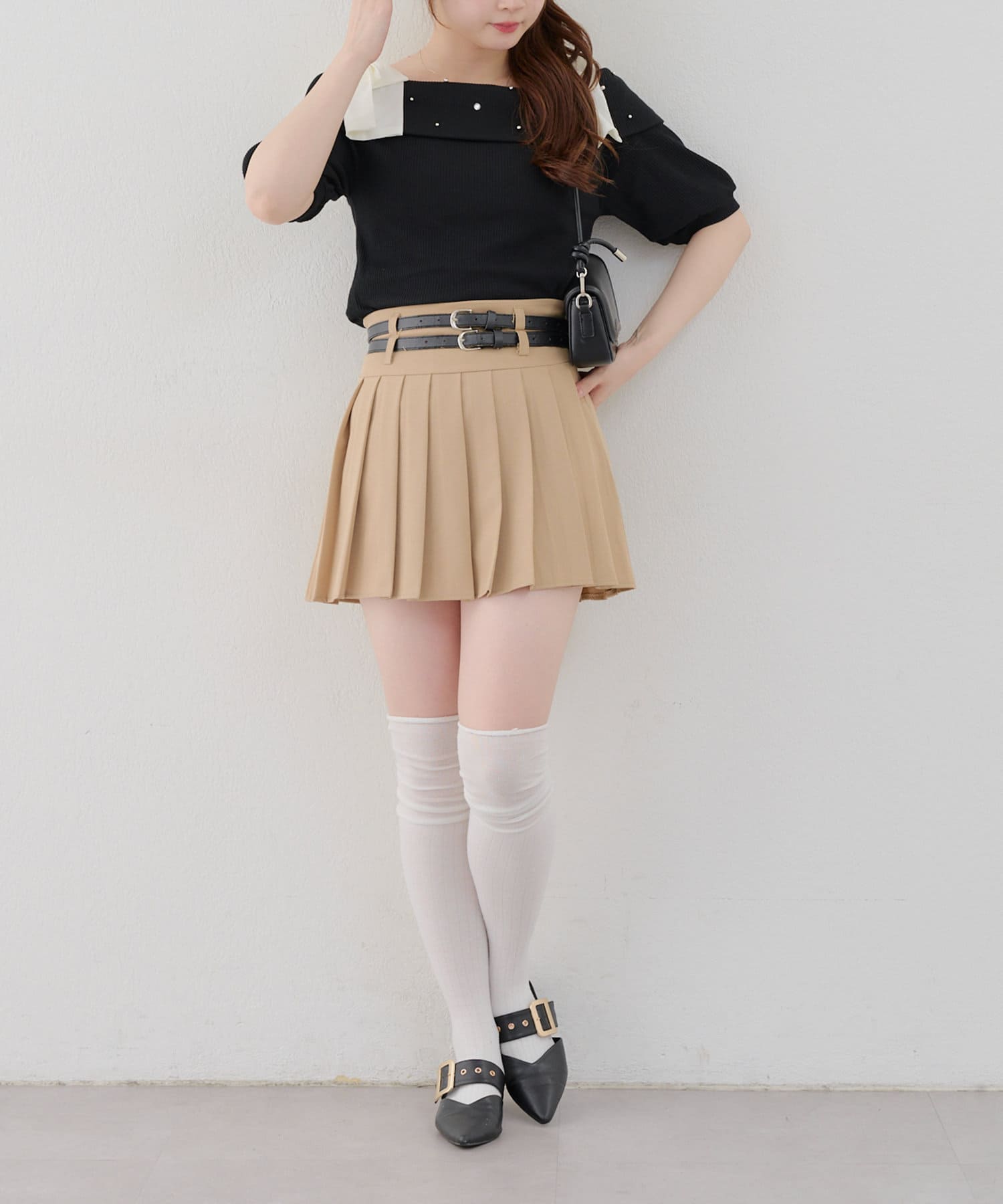 NICE CLAUP / OLIVE des OLIVE OUTLET(ナイスクラップ  / オリーブ デ オリーブ アウトレット) 【RMAF】リブ肩リボンオフショル