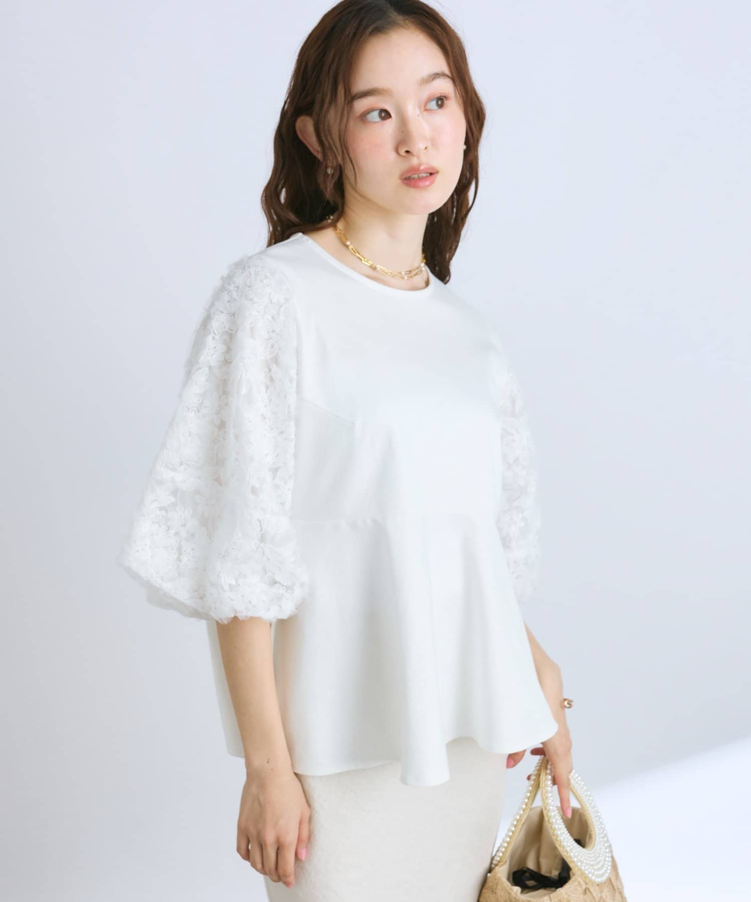 tシャツ 「気になる部分のカバー力抜群」お袖ボリュームレースカットソー レディース 気になる部分のカバー力抜群】お袖ボリュームレースカットソー