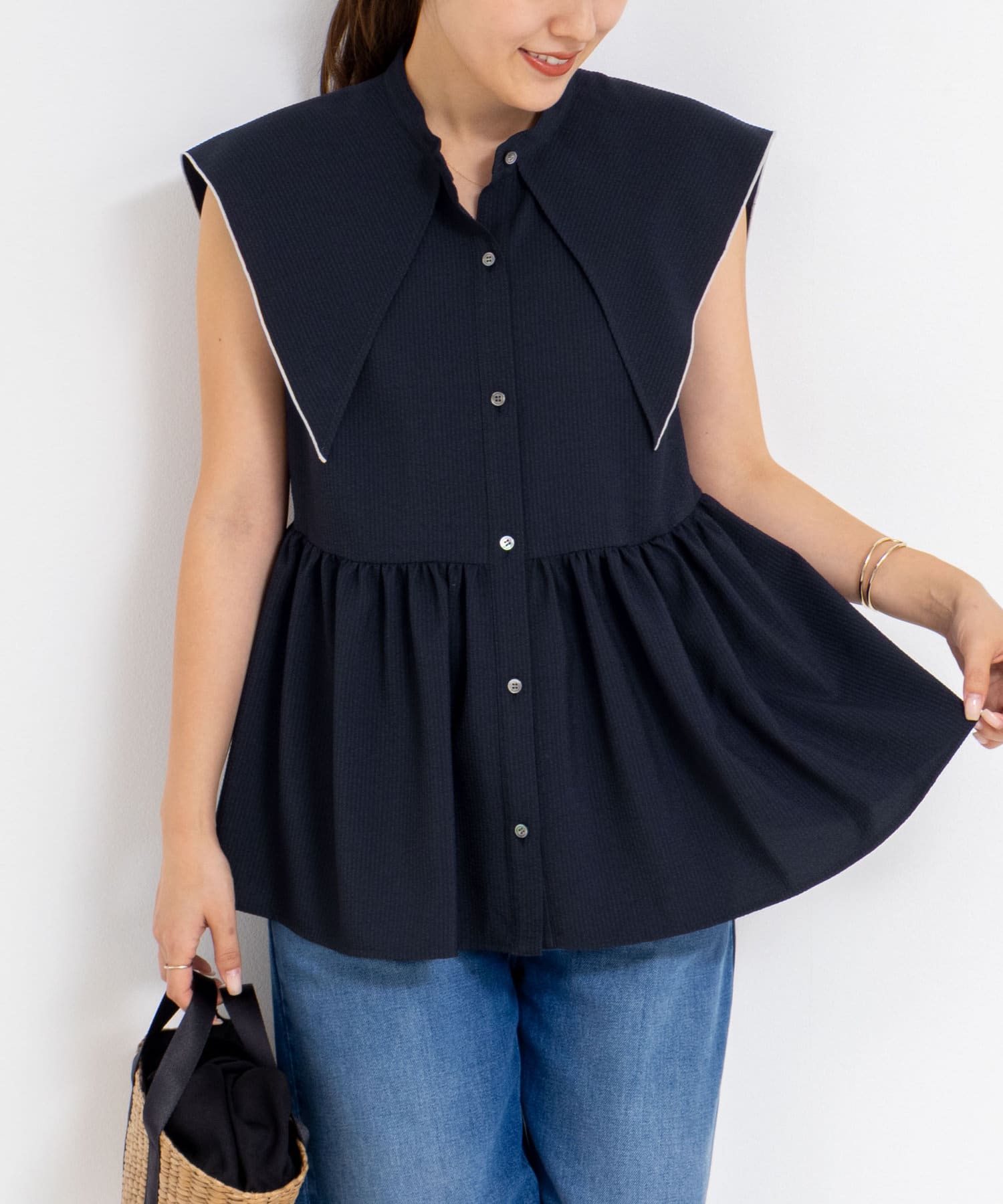 ◇25SS◇NOLLEY'S◆Point・セーラーカラーが可愛いノースリーブブラウス・存在感のあるビッグな衿デザインが目を惹く着映えアイテム・肌に張り付きにくい凸凹とした素材感が厚い時期にぴ