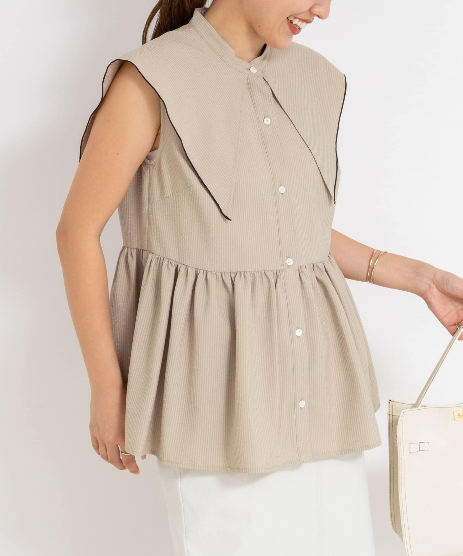 ◇25SS◇NOLLEY'S◆Point・セーラーカラーが可愛いノースリーブブラウス・存在感のあるビッグな衿デザインが目を惹く着映えアイテム・肌に張り付きにくい凸凹とした素材感が厚い時期にぴ