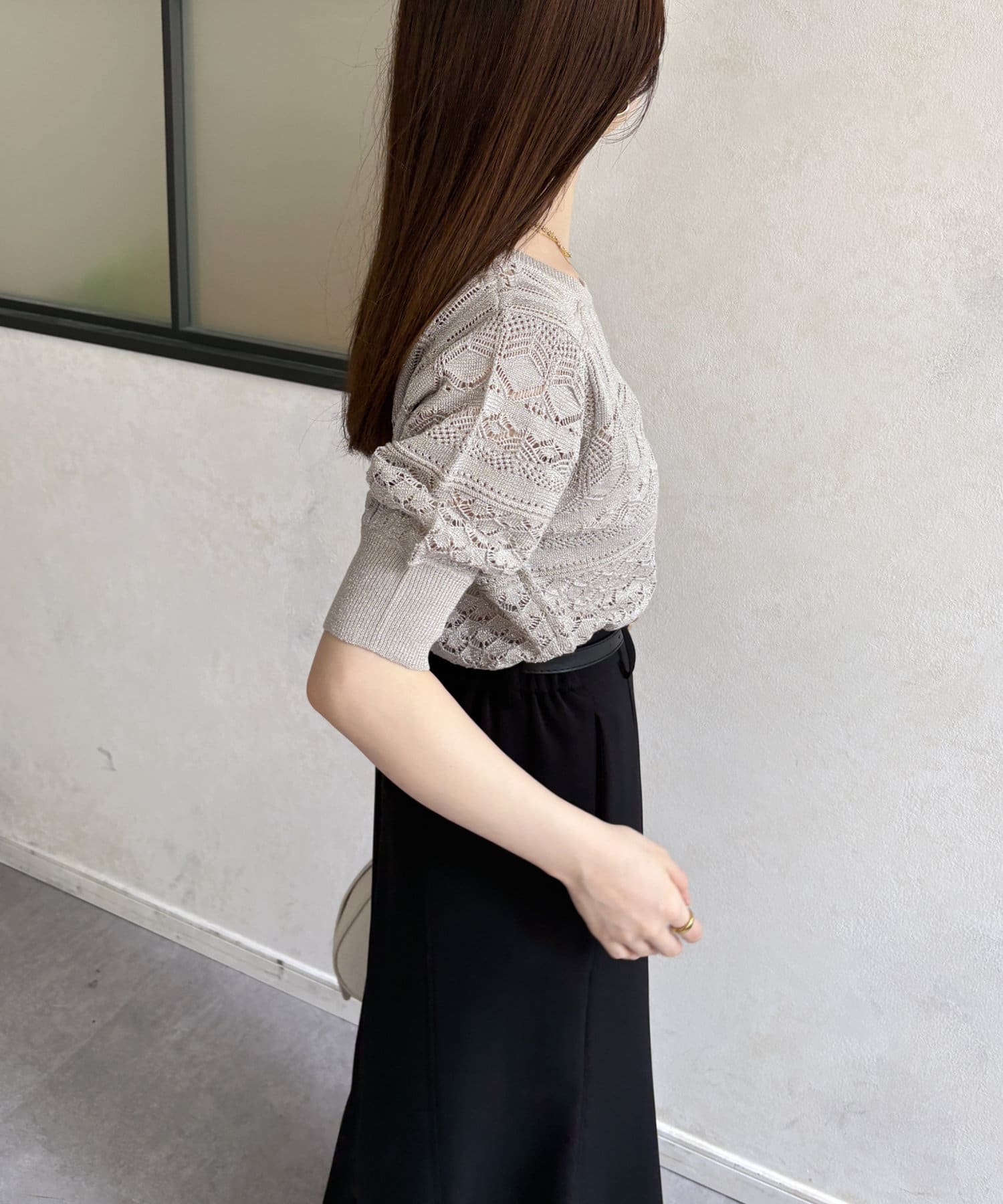 ラメ透かしボートネック5分袖ニット | Thevon.(ゼヴォン)レディース