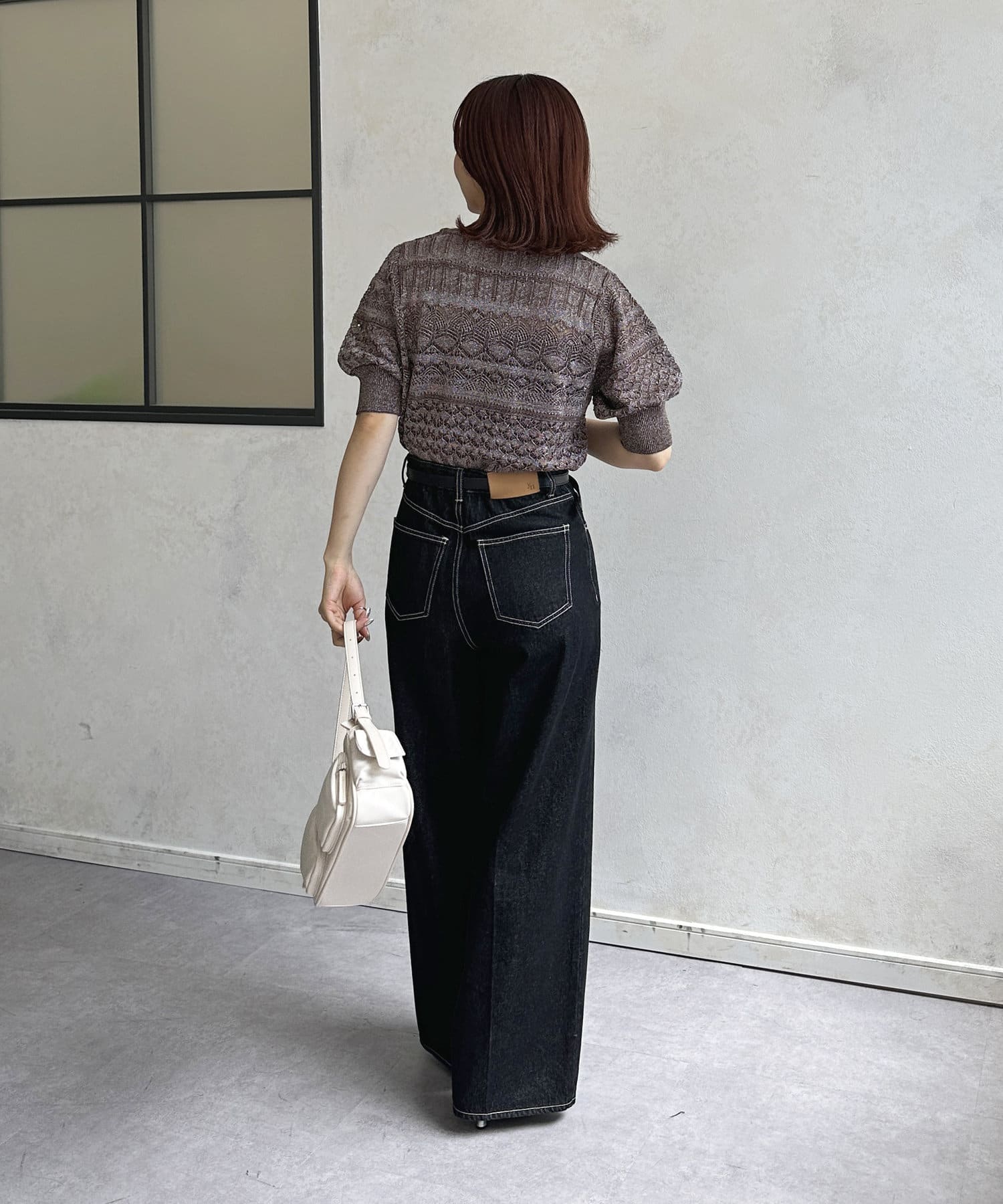 Thevon.(ゼヴォン) ラメ透かしボートネック5分袖ニット