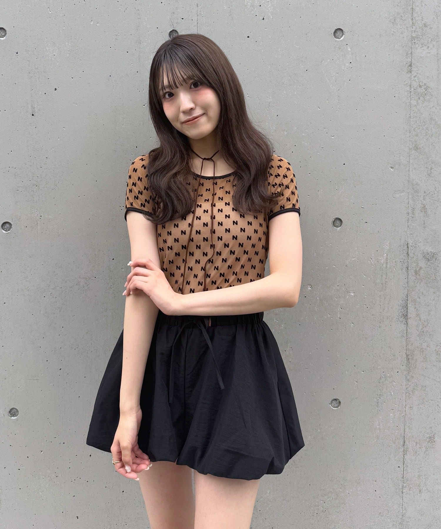 mline(エムライン) 半袖プリントチュールトップス