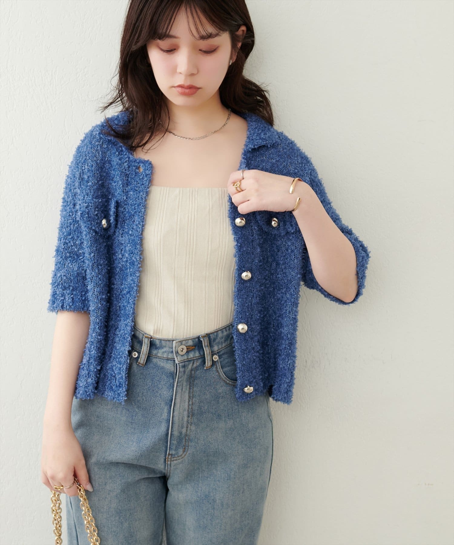 NICE CLAUP / OLIVE des OLIVE OUTLET(ナイスクラップ  / オリーブ デ オリーブ アウトレット) 【natural couture】フラッグヤーン金ボタン半袖カーデ