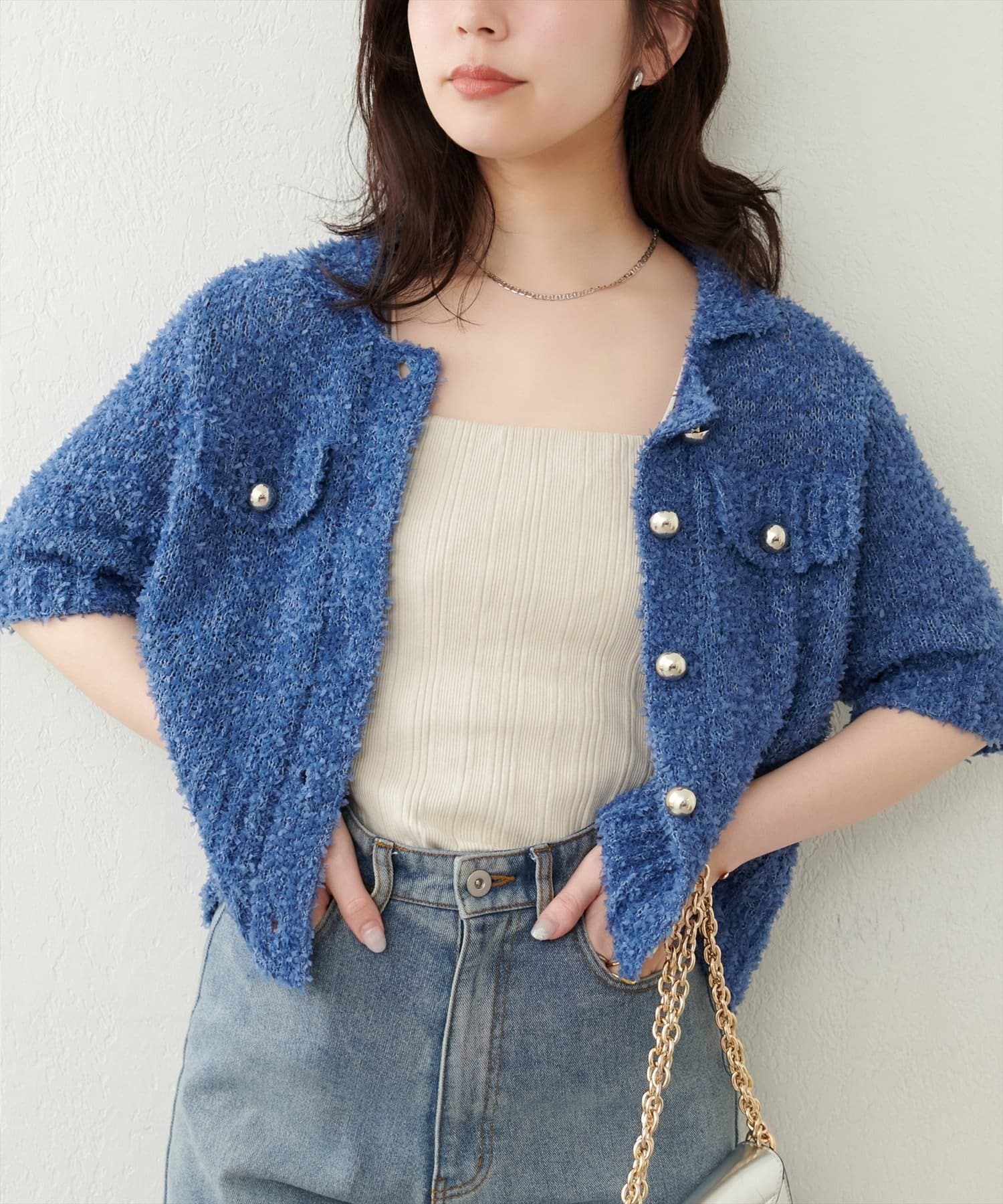 NICE CLAUP / OLIVE des OLIVE OUTLET(ナイスクラップ  / オリーブ デ オリーブ アウトレット) 【natural couture】フラッグヤーン金ボタン半袖カーデ