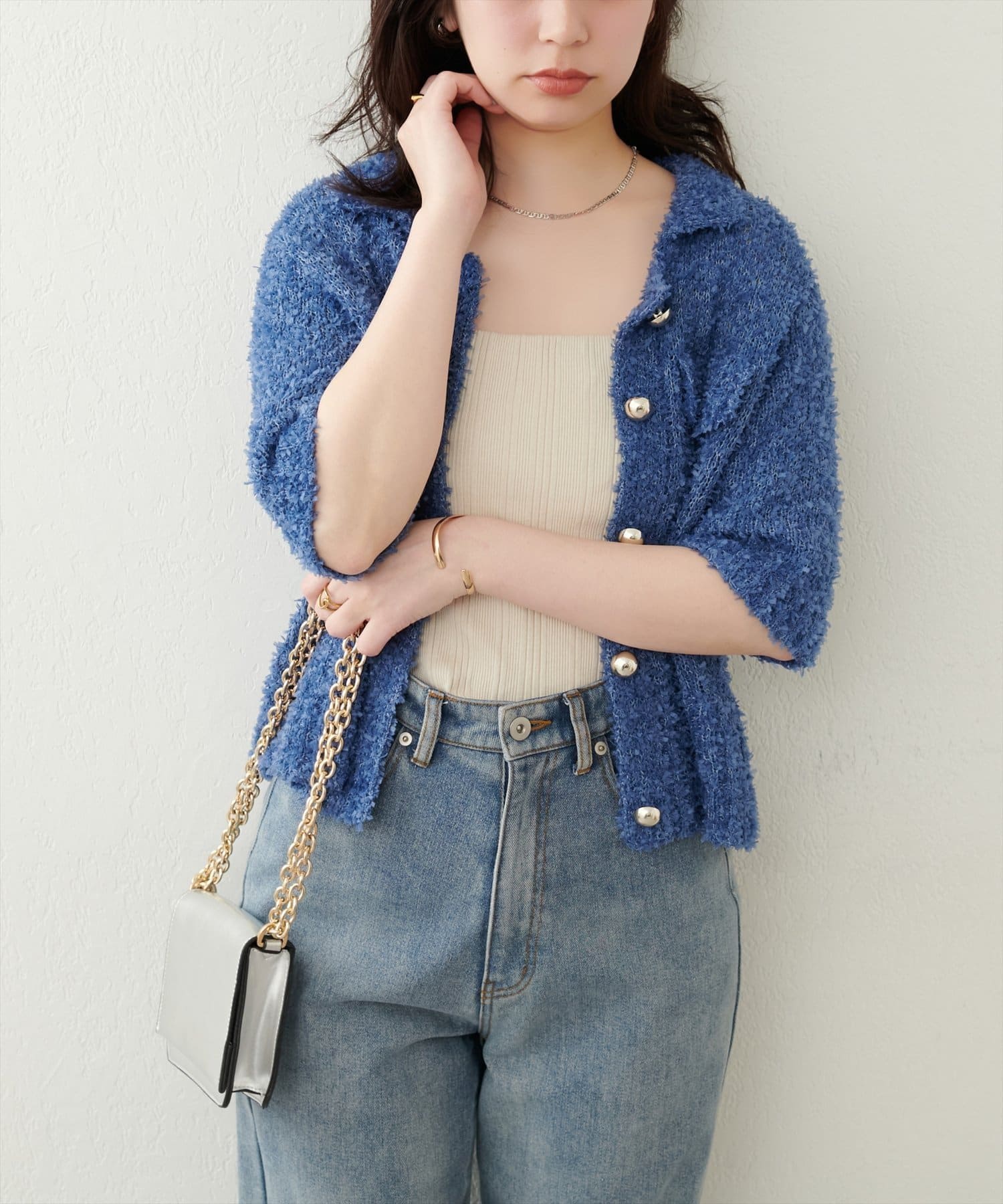NICE CLAUP / OLIVE des OLIVE OUTLET(ナイスクラップ  / オリーブ デ オリーブ アウトレット) 【natural couture】フラッグヤーン金ボタン半袖カーデ