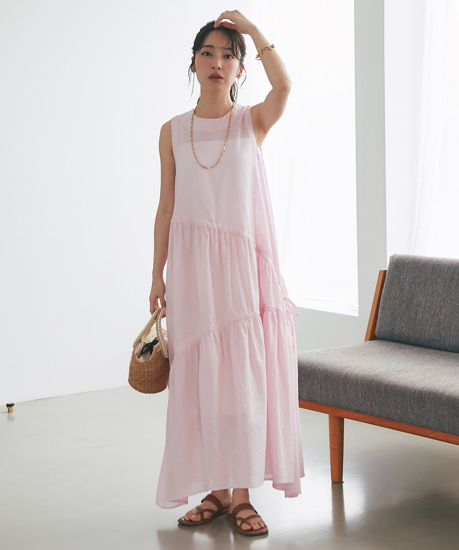 La boutique BonBon(ラブティックボンボン) 【最強愛されワンピ】アシンメトリーリボンリネンミックスワンピース