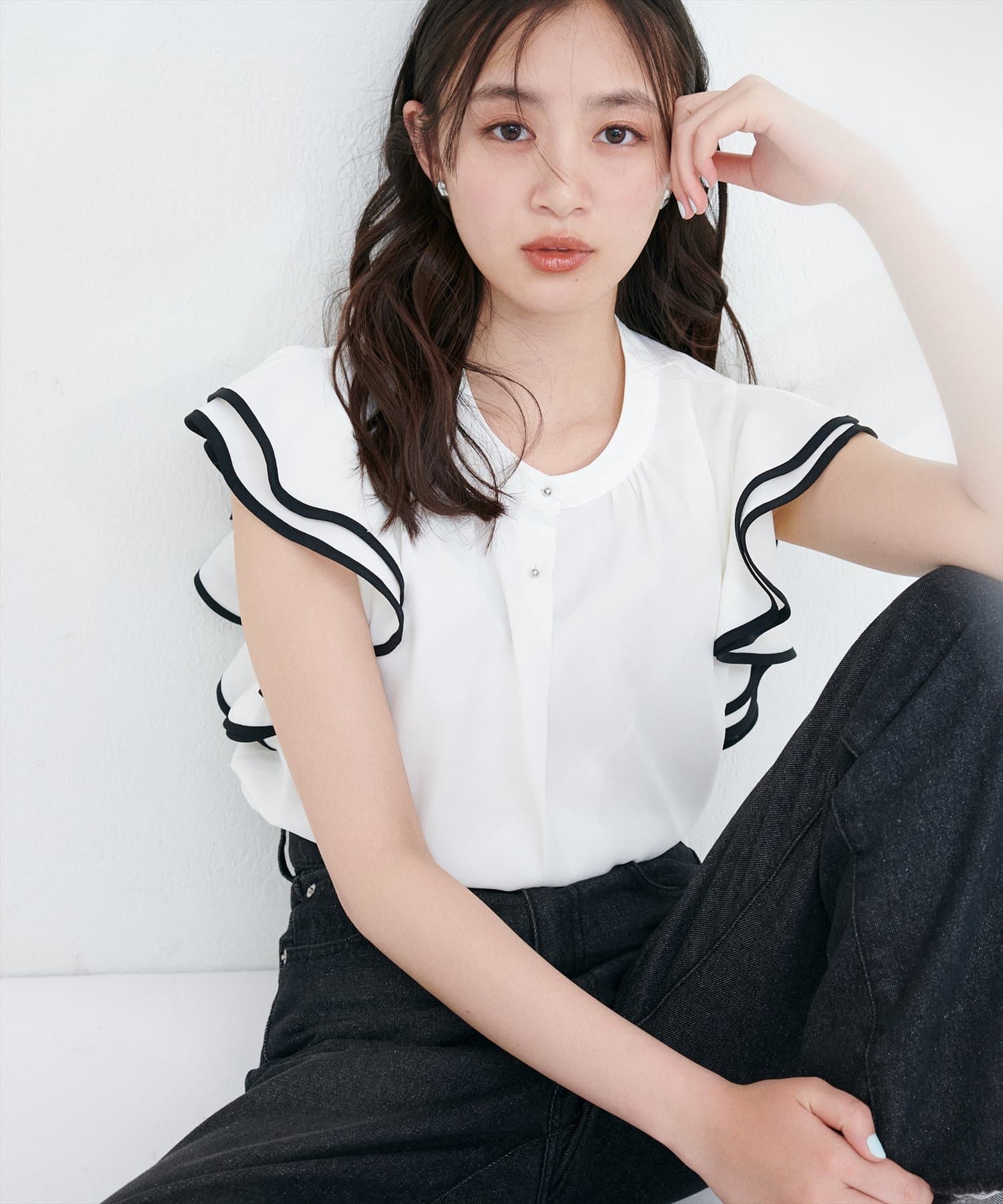 WEB限定】配色ラッフルスリーブブラウス | natural couture