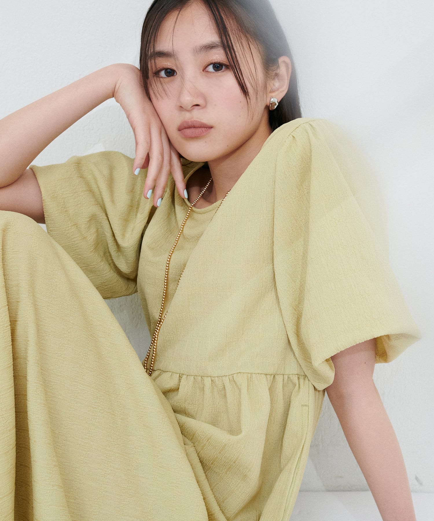 2色展開★シャーリングベルト付きパフスリーブワンピース/追跡有 WEB限定】シャーリングチェックパフスリーブワンピース