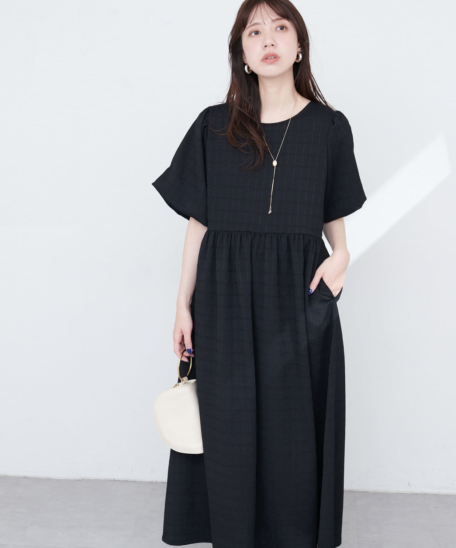 natural couture(ナチュラルクチュール) 【WEB限定】シャーリングチェックパフスリーブワンピース