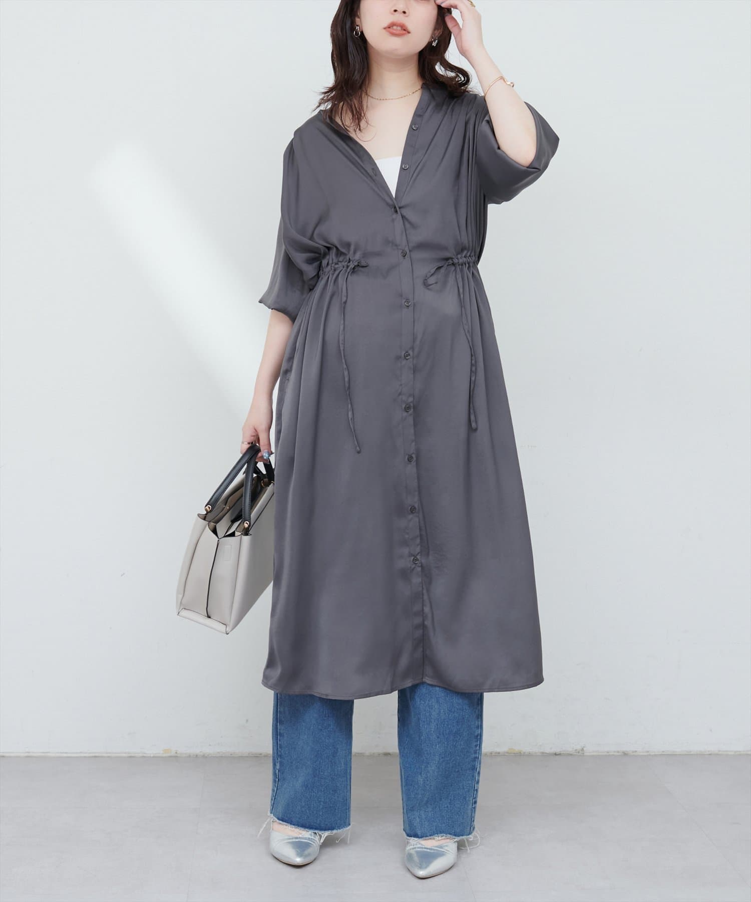 NICE CLAUP / OLIVE des OLIVE OUTLET(ナイスクラップ  / オリーブ デ オリーブ アウトレット) 【natural couture】たっぷりギャザーサテンワンピース