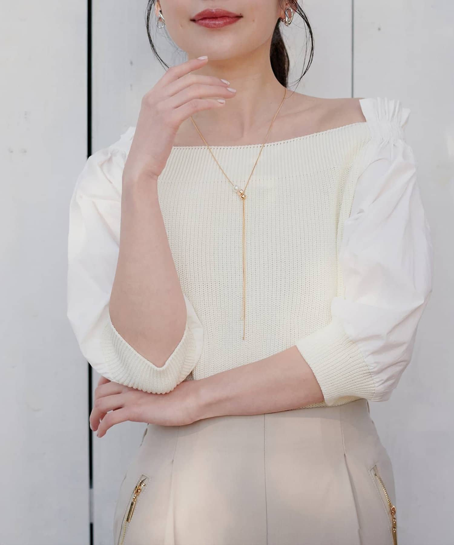 NICE CLAUP / OLIVE des OLIVE OUTLET(ナイスクラップ  / オリーブ デ オリーブ アウトレット) 【natural couture】２WAY布帛ドッキングニットプルオーバー