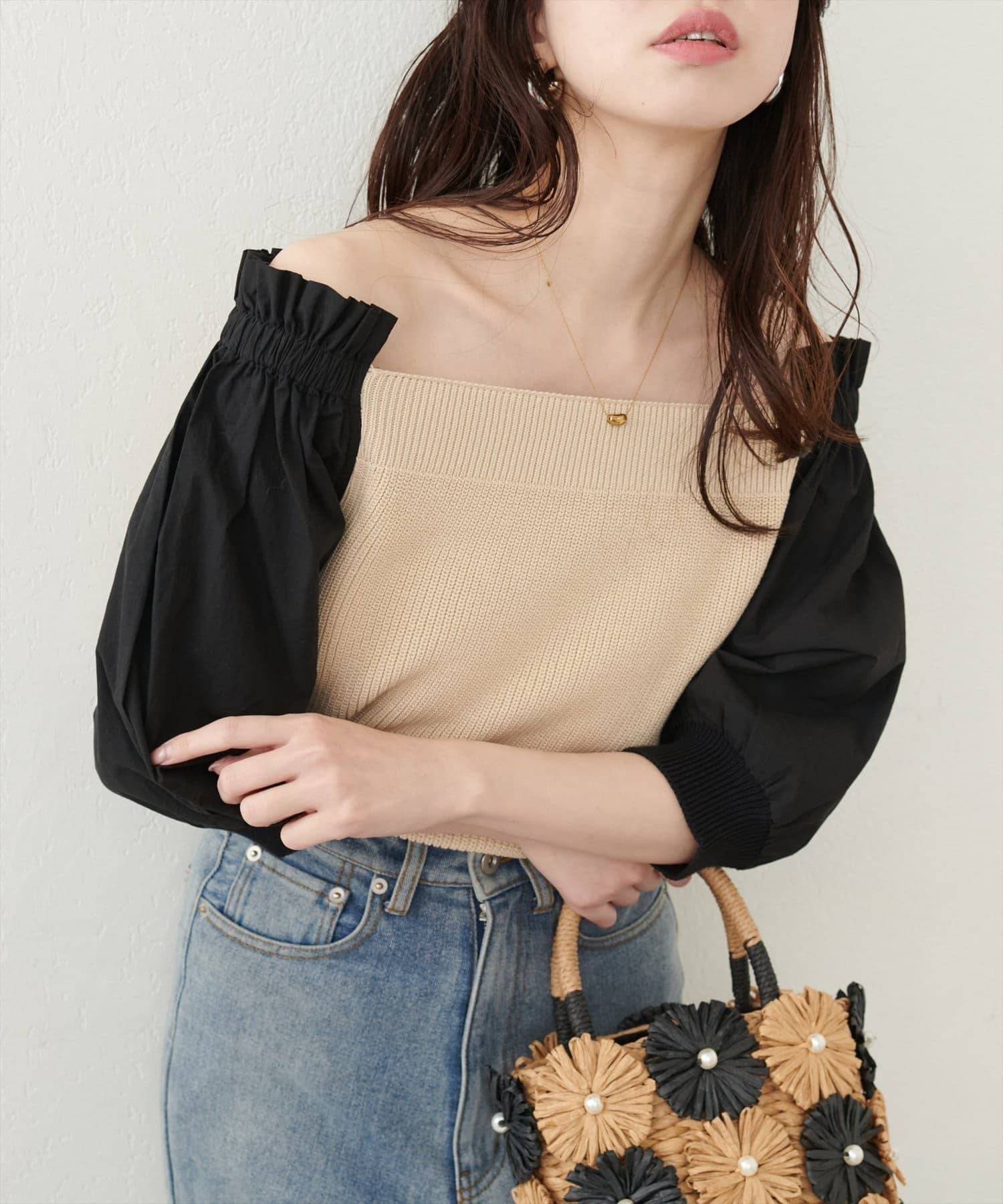 NICE CLAUP / OLIVE des OLIVE OUTLET(ナイスクラップ  / オリーブ デ オリーブ アウトレット) 【natural couture】２WAY布帛ドッキングニットプルオーバー