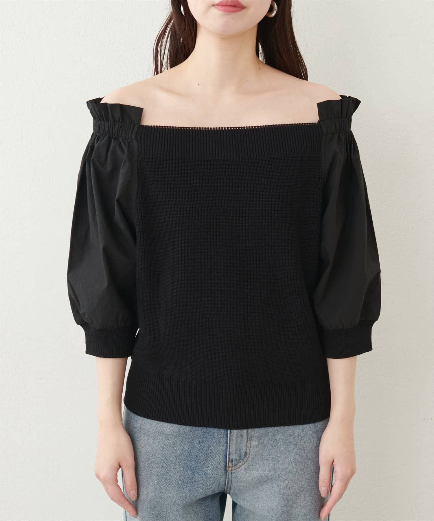 NICE CLAUP / OLIVE des OLIVE OUTLET(ナイスクラップ  / オリーブ デ オリーブ アウトレット) 【natural couture】２WAY布帛ドッキングニットプルオーバー